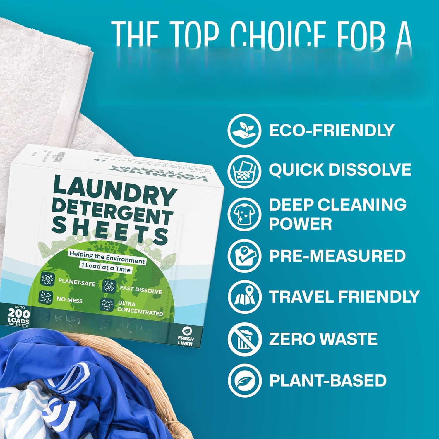 Laundry Detergent Sheets (200 Loads) - , Zero , Plastic-Free Laundry Washing Machines Soap Sheets; Dissolvable, Space-Saving Strips for Travel (Fresh Linen)