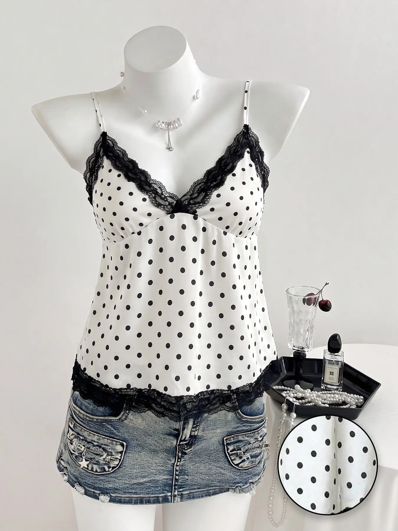 Lace Trim Polka Dot V Neck Spaghetti Strap Slim Camisole Tank Top Women Soft Fabric Sleeveless Layering Coquette Y2K Summer Street Date Night Club Casual Cute Daily Inner Wear Vest #springsaledeals2026 #summeroutfits #fashiontiktok