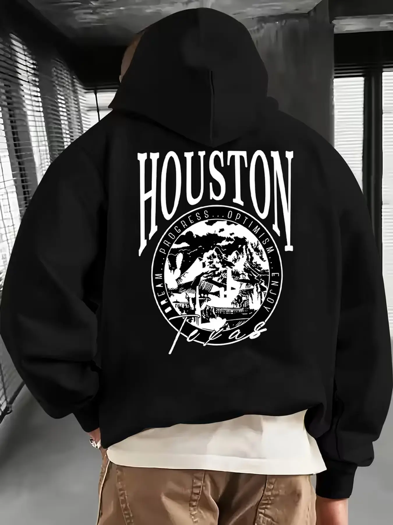 Men's casual versatile pullover hoodie with HOUSTON Texas print, for home wear and outdoor daily outfits.