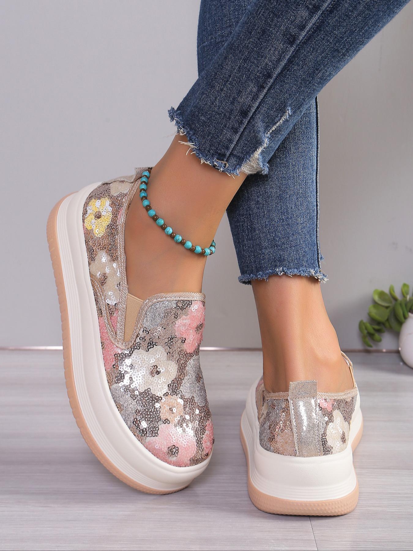 Fashionable Ditsy Floral Pattern Sequin Decorated Slip on Thick-soled Slipon Sneakers, Casual Comfortable Round Toe Low Top Shoes for Women, All-match Commuter Shoes for Work & Daily Wear