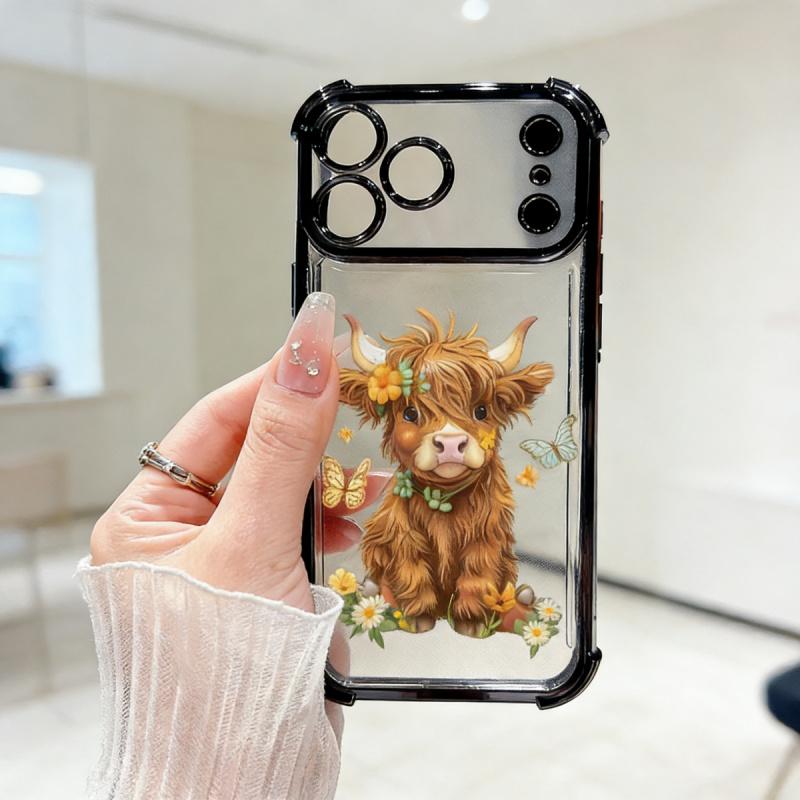 Protective Four Corners Plated iPhone Case for iPhone 17 16 Pro Max 15 Plus 14 13 12 11  Air Flower - adorned Highland calf Patterned Shockproof Transparent Soft Silicone Cover