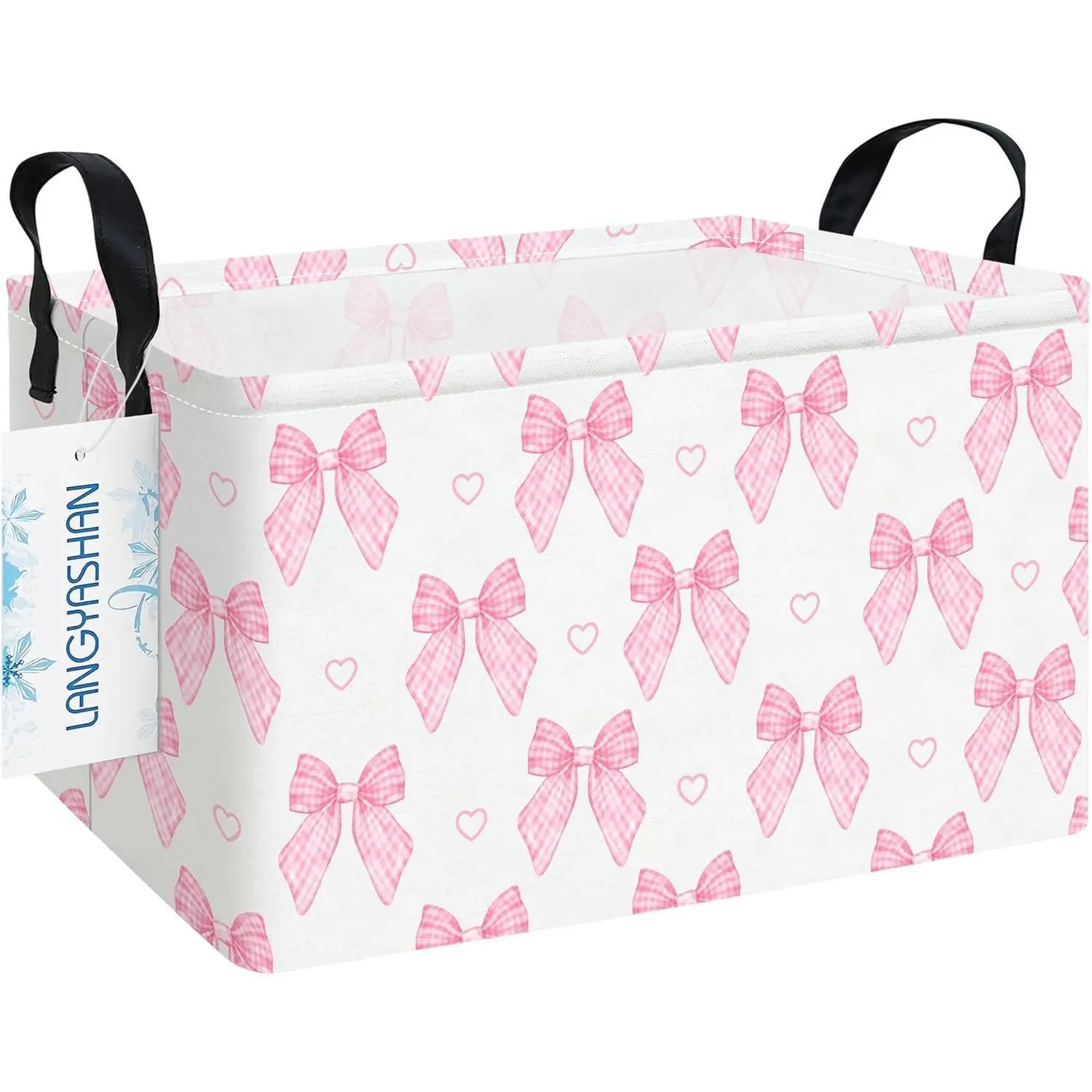 Rectangular Pink Bowknot Storage Bin Collapse Canvas Fabric Cartoon Storage Basket for Girls Room Organizing Home Kitchen Office Closet Shelf Baskets(Rec Pink Bowknot)