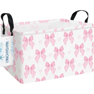 Rectangular Pink Bowknot Storage Bin Collapse Canvas Fabric Cartoon Storage Basket for Girls Room Organizing Home Kitchen Office Closet Shelf Baskets(Rec Pink Bowknot)