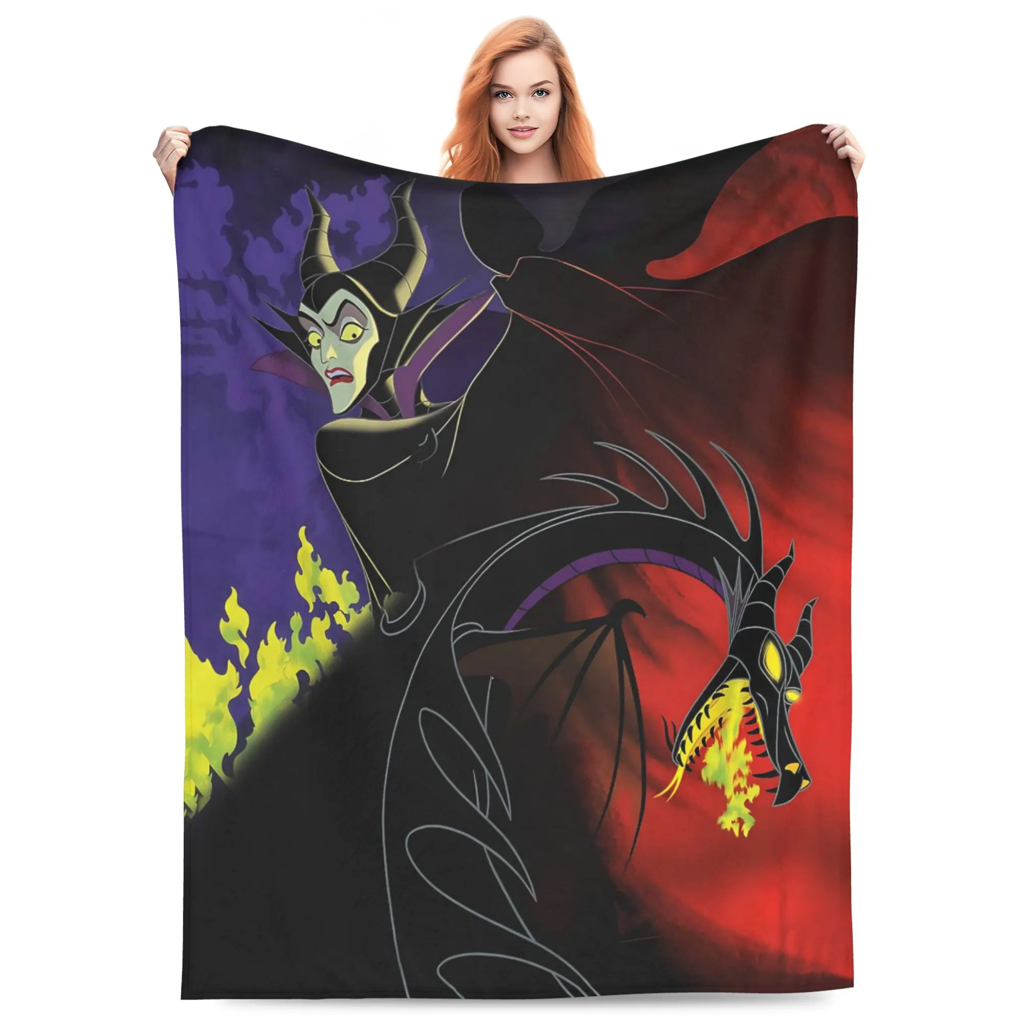 DISNEY CLASSIC Maleficent Dragon Evil Witch Throw Blanket, Sleeping Beauty Villain Green Fire Purple Red Dark Background Flannel Fleece Blanket Soft Cozy Blanket for Sofa Bed Gift for Villain Fans Teens