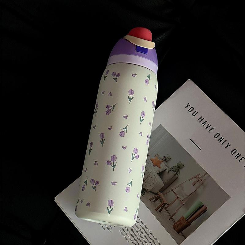 Tulip Pattern Vacuum Flask, 1 Count 24oz/32oz/40oz Stainless Steel Insulated Water Bottle with Straw, Drinking Cup for Home Office School Outdoor, Drinkware, Reusable Tumbler with Lid