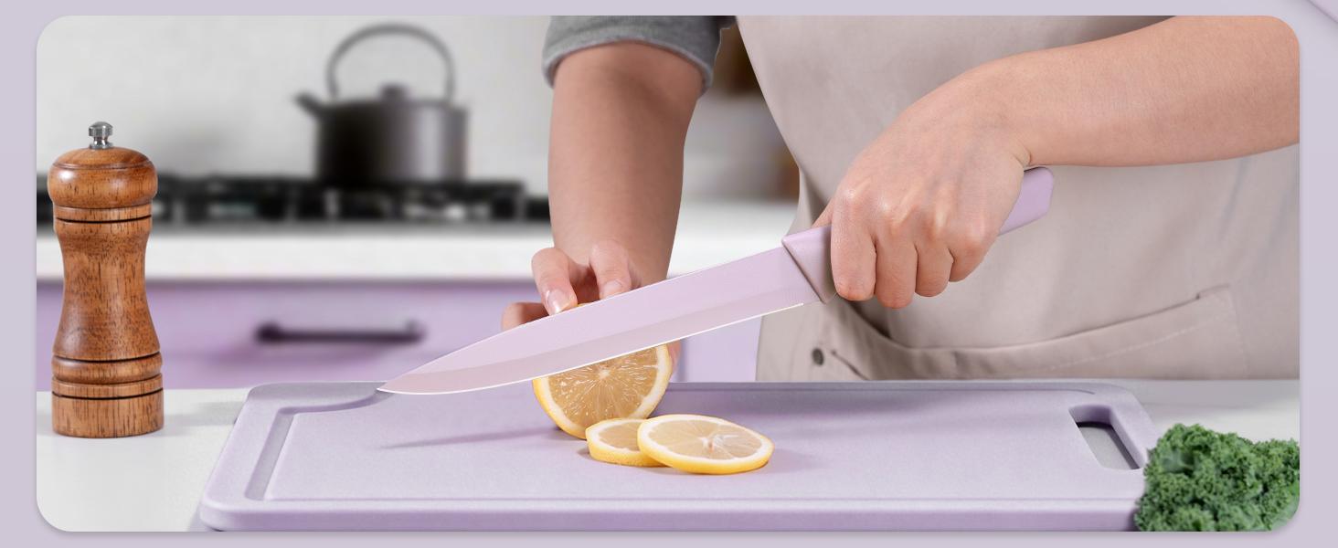 Knife Set, 13 Pieces Kitchen Knives Set with Healthy Anti-Rust Coating, Dishwasher Safe, Stainless Steel Chef Knife Sets with 6 Blade Guards, Perfect Holiday Gifts for Kitchen Purple