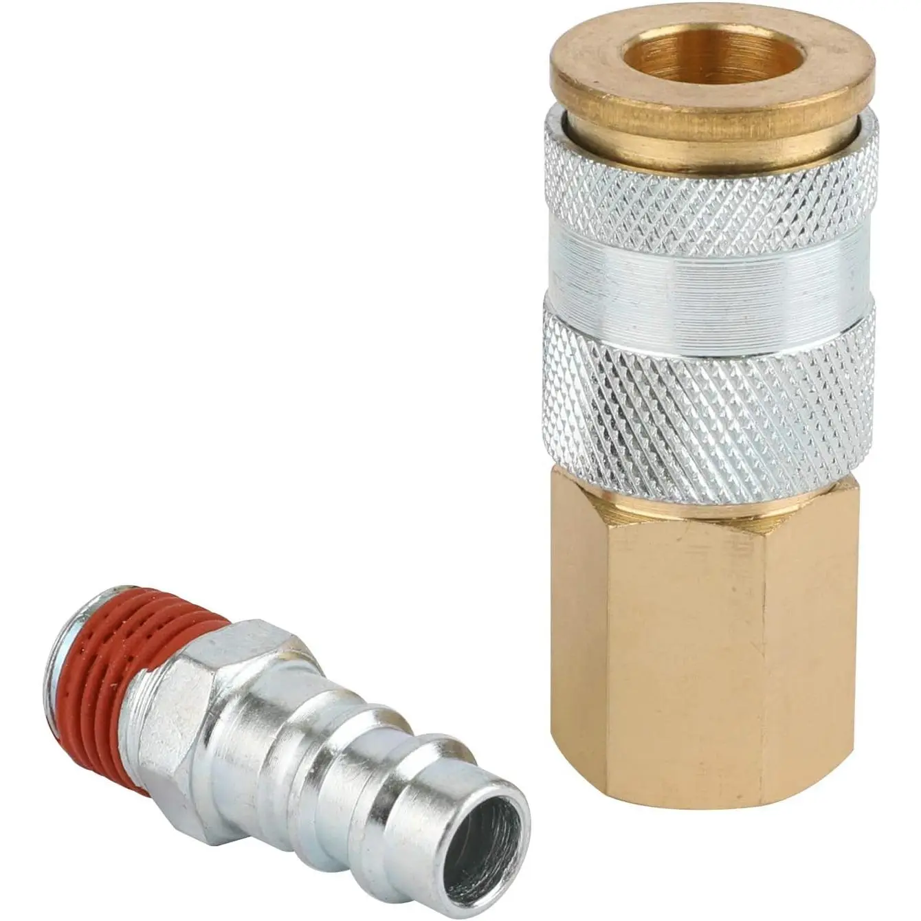 Air Coupler and Plug Kit, 1-PC 1/4''FNPT HF Type Air Coupler, Brass  with Steel Sleeve, 1-PC 1/4''MNPT Zinc-Plated Steel Air Plug with Sealant, Air Tools Quick-Connect Fittings