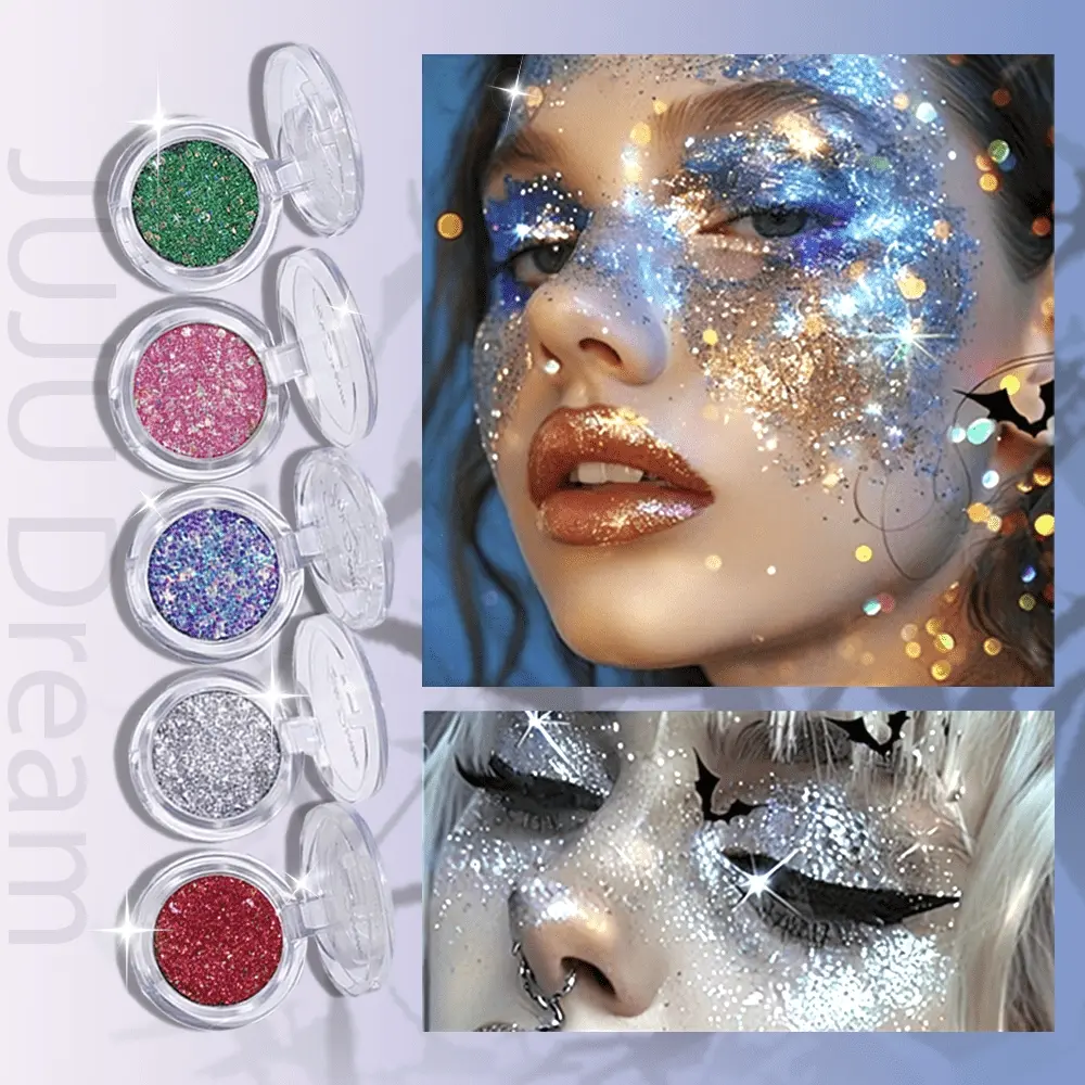 JUJU DREAM Star Monochrome Chunky Glitter Single Eyeshadow, Enhance Eye Makeup, 5 Sparkle Shades, Mixed multi reflective glitter flakes delivers sparkle, sticky long-lasting formula with minimal fallout, multi-use for eye shadow, face highlight