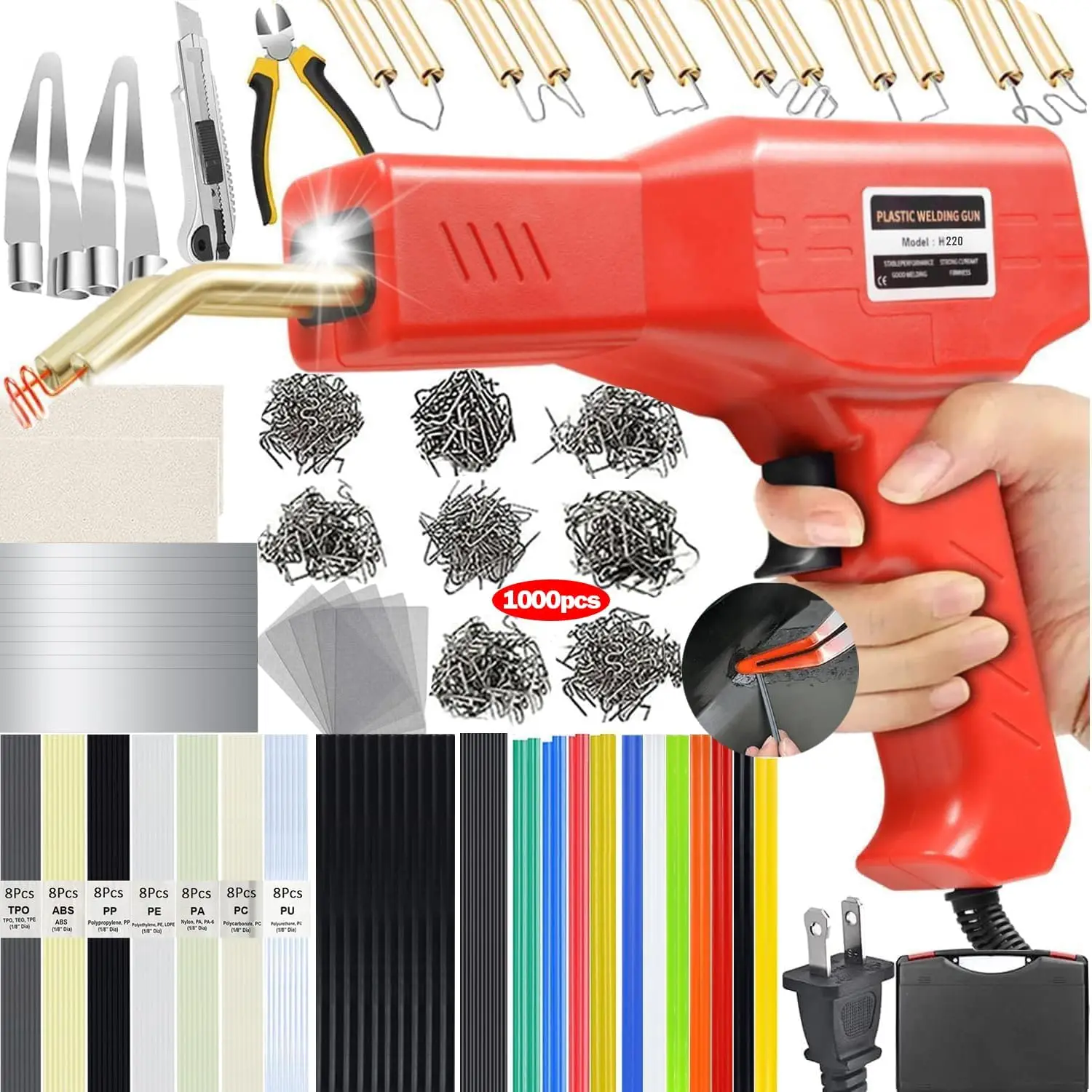220W Welder, 2 in 1 Kit Repair Welder Kit 1000PCS Hot Stapler Soldering Gun with 100PCS Rods Car Bumper Repair Kit for Most Repair