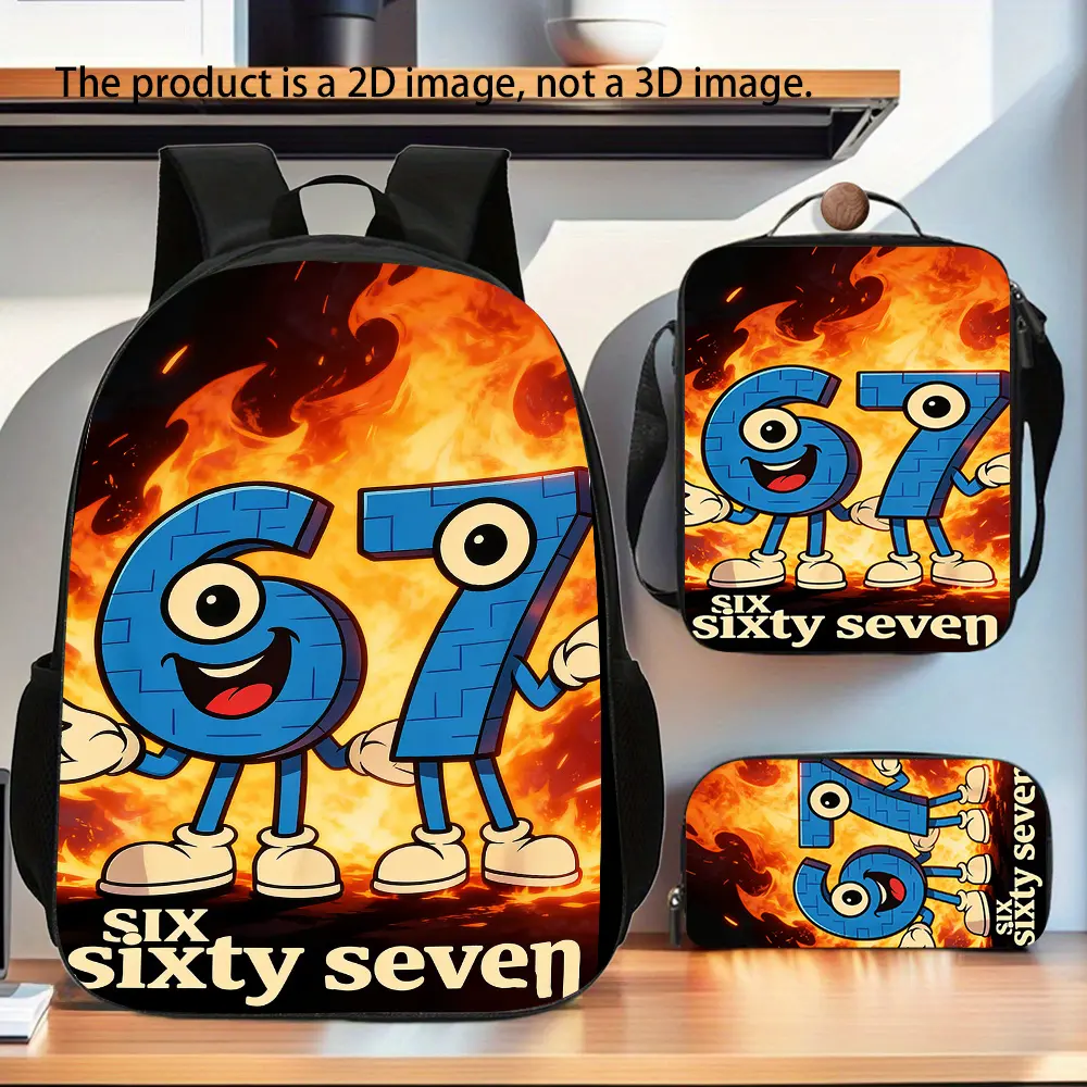 Boys' 3-Piece Fiery Number 67 Cartoon Brick Street Cool Set Pack - 2D Flat Print 600D Oxford Back to School Haul for Elementary School, Oversized Backpack, Crossbody/Shoulder Lunch Bag, Multi-Pocket Pencil Case, Lightweight, Padded Straps