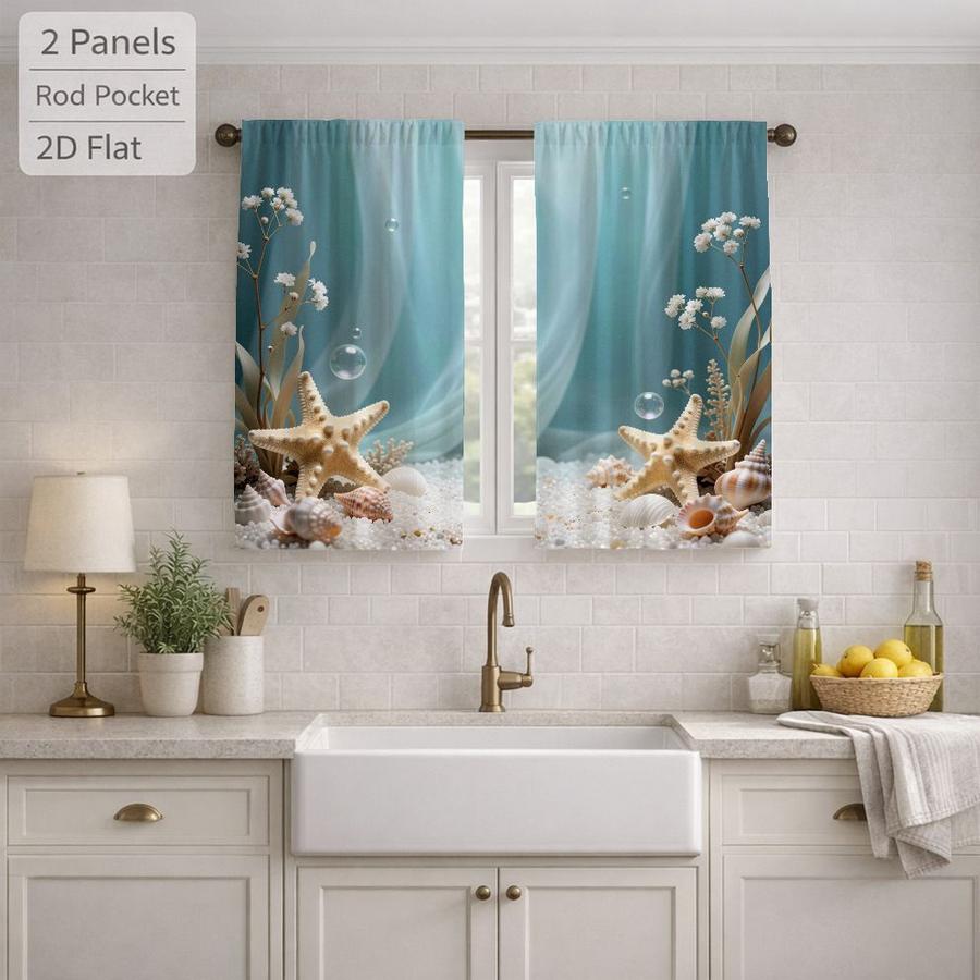 2Pcs Ocean Style Starfish Seashell Bubble Pattern Sun Blocking Curtains Digital Printed Rod Pocket, Window Treatment For Bedroom Office Kitchen Living Room Study Home Decor