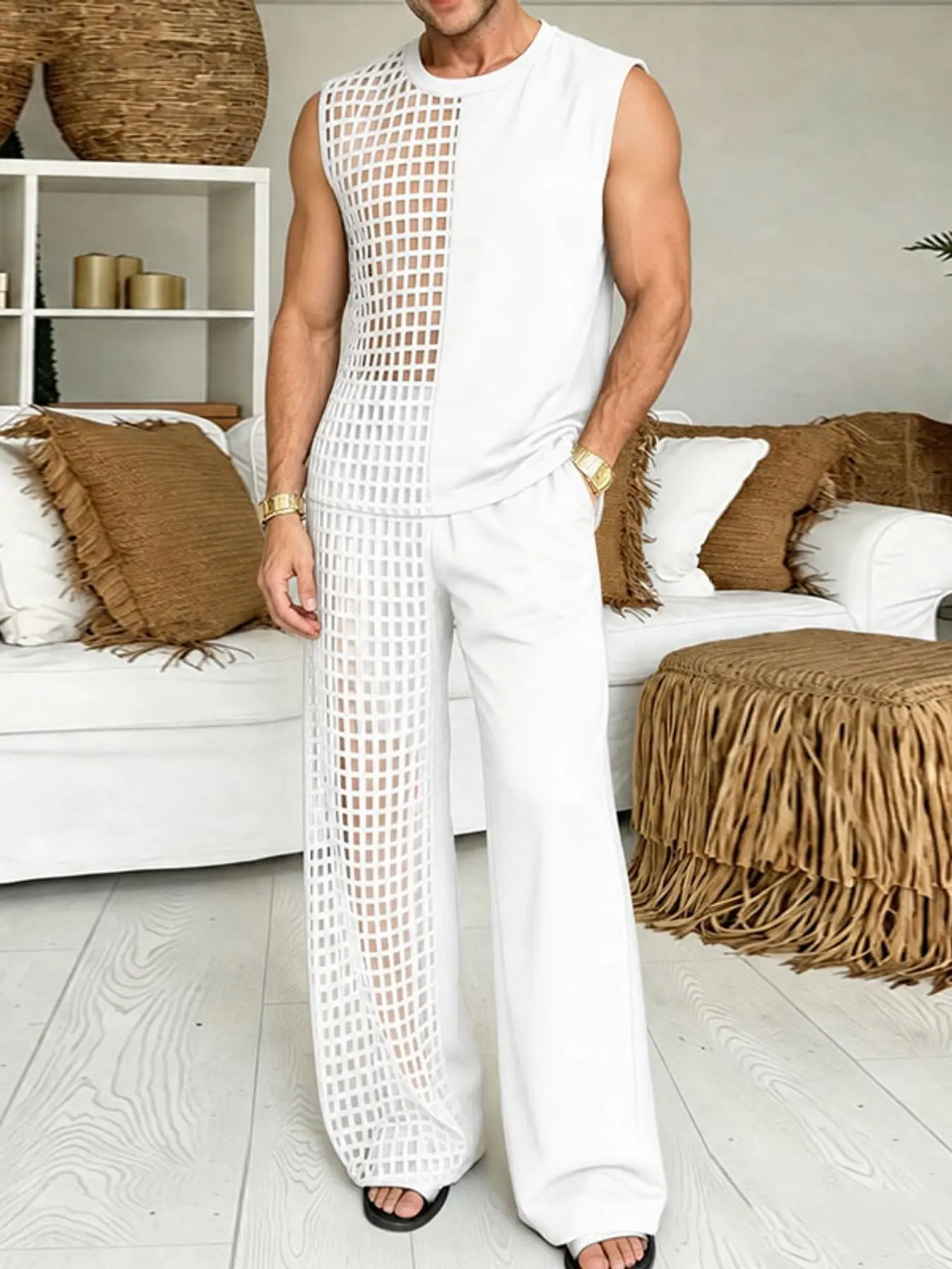 INCERUN Men's Casual Fashion Set, Plaid Patchwork Mesh See-Through Sleeveless Vest + Long Pants Two-Piece, Perfect for Parties and Gatherings