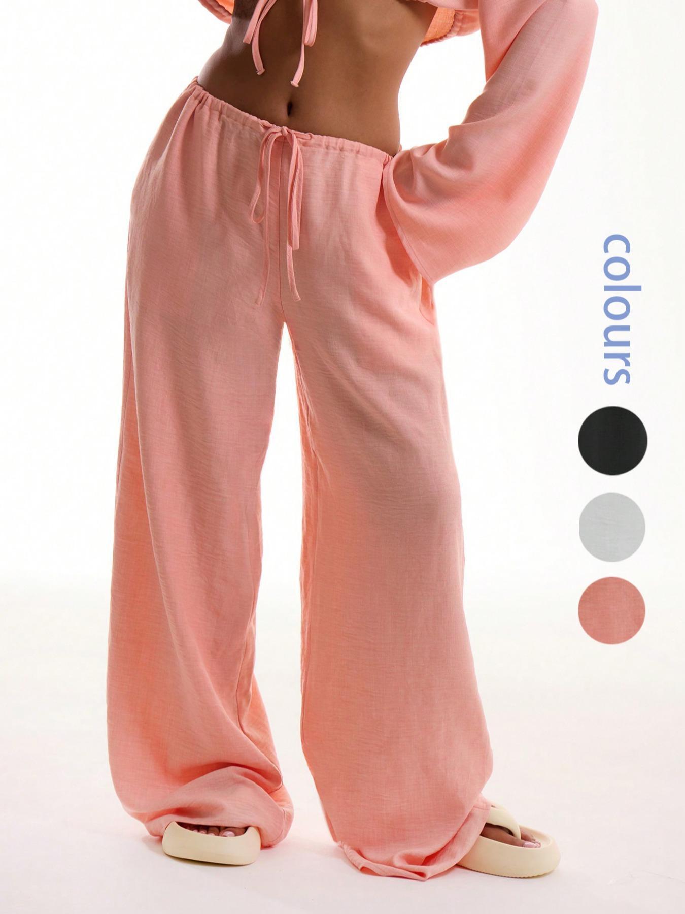 Women's Solid Pocket Pants, Casual Comfy Wide Leg Woven Trousers for Beach Vacation Holiday, Ladies Bottoms for All Seasons, Baggy Legged Pants, Fit