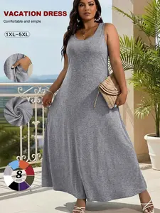 Women's Plus-Size Sleeveless Maxi Dress, Loose-Fit & Slimming Vacation Gown with Pockets, 8 Colors, Sizes 1xl–5xl, Ideal for Travel & Outings