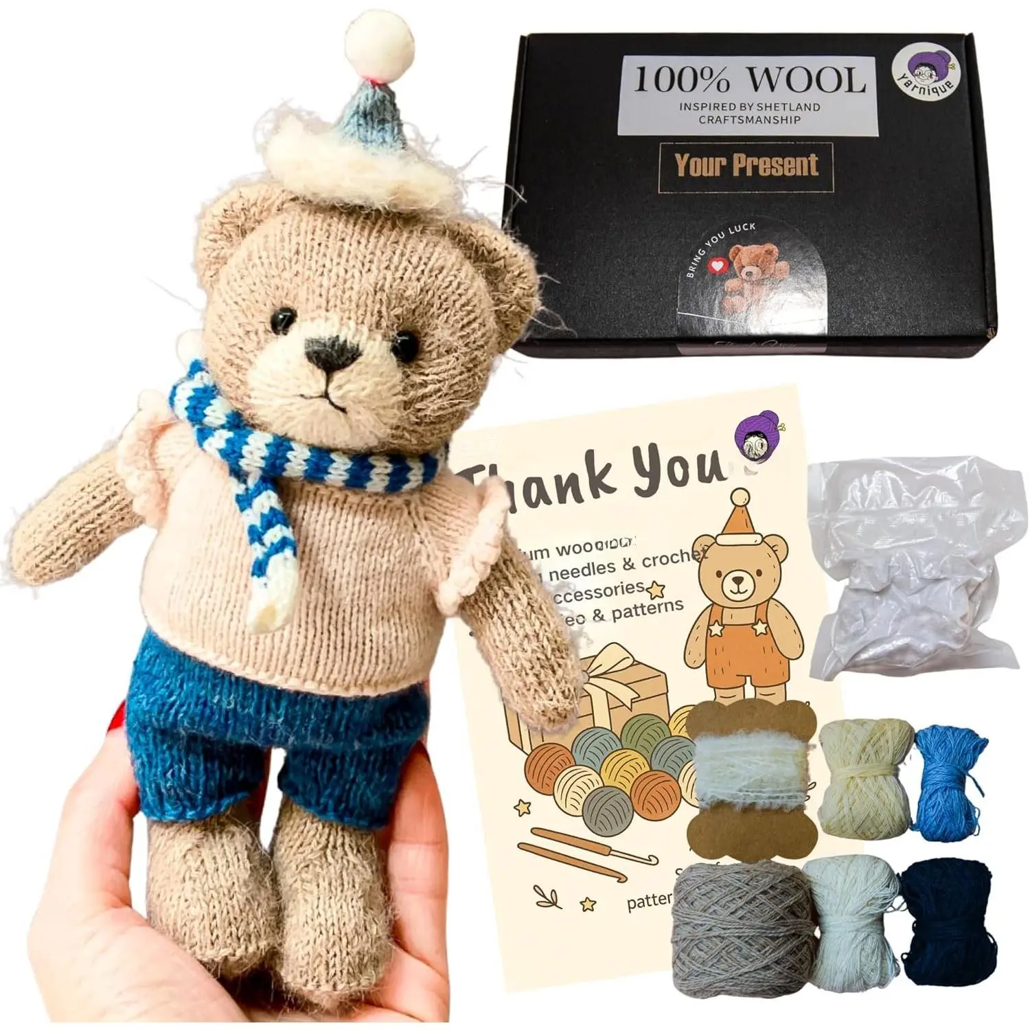 Knitting Kit - Real  Amigurumi Kit for Adults with Video Tutorials | DIY amigurumi Crochet & Knitting Kit with Tools | Holiday  Craft Set (White Sweater)