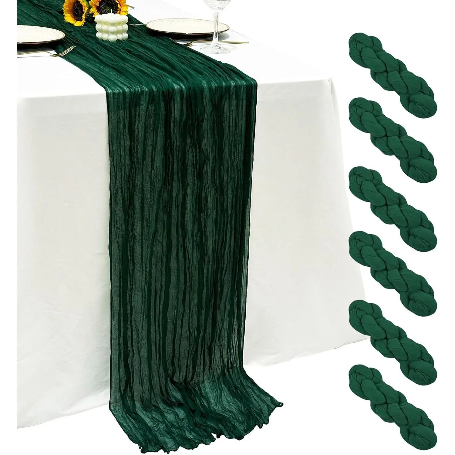 6-Pack Emerald Green Sheer Fabric Cheesecloth, 17x108in Large Size Pleated Texture Ruffled Edge Table Covering for Wedding, Home Decor, Wedding Party