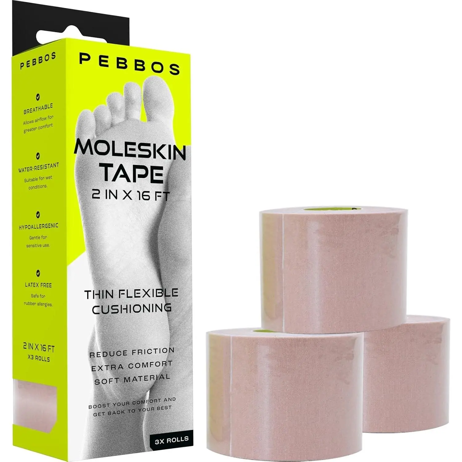 Moleskin Tape (3 Rolls) – 2in x 16ft – Anti-Friction Cushioning Tape | Water-Resistant & Hypoallergenic | Thin Moleskin Athletic Tape for Running, Hiking, Walking