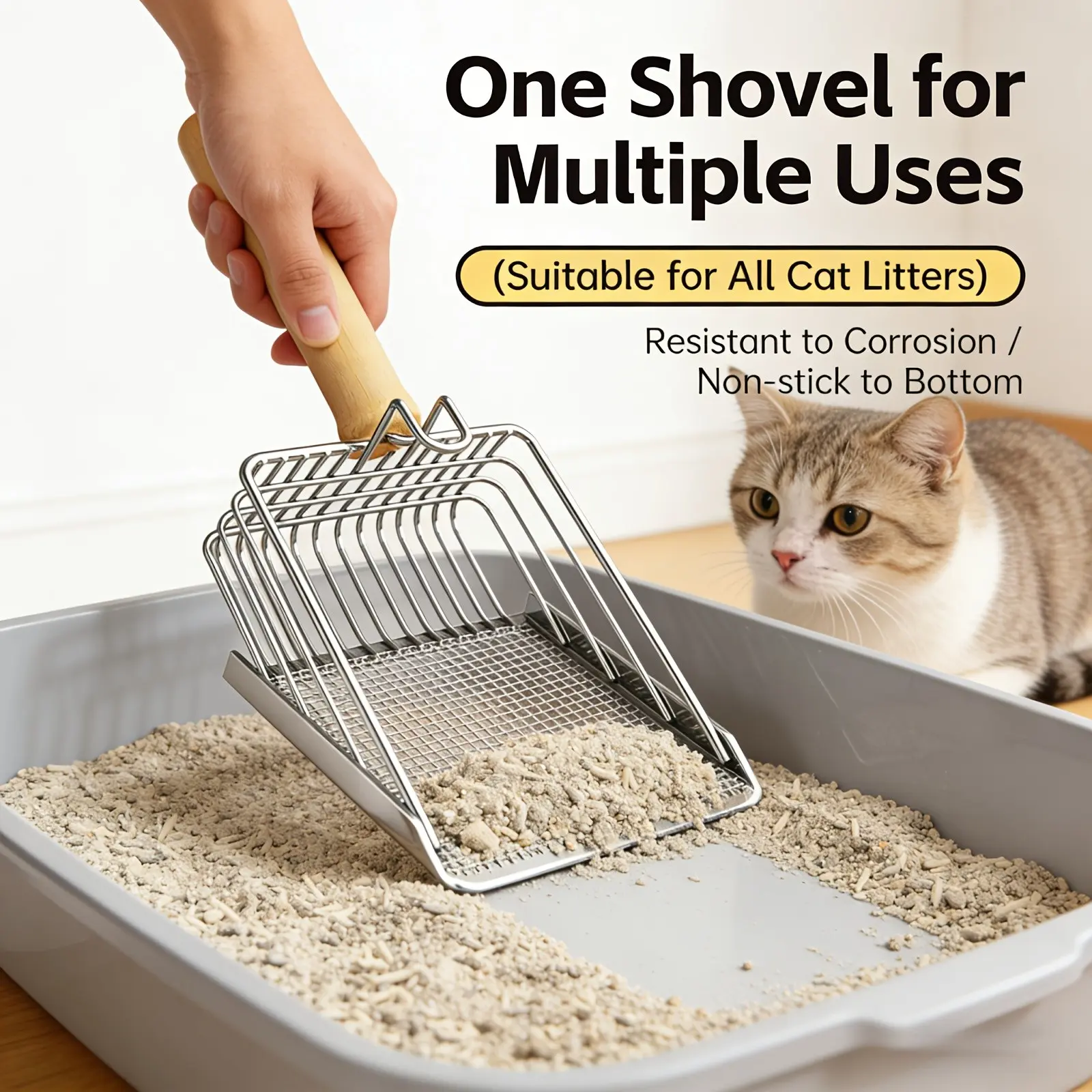 Two-In-One Stainless Steel Cat Litter Scoop, Handle Included, Multi-Functional Pet Litter Cleaning Tool, Universal Size, Pet Supplies
