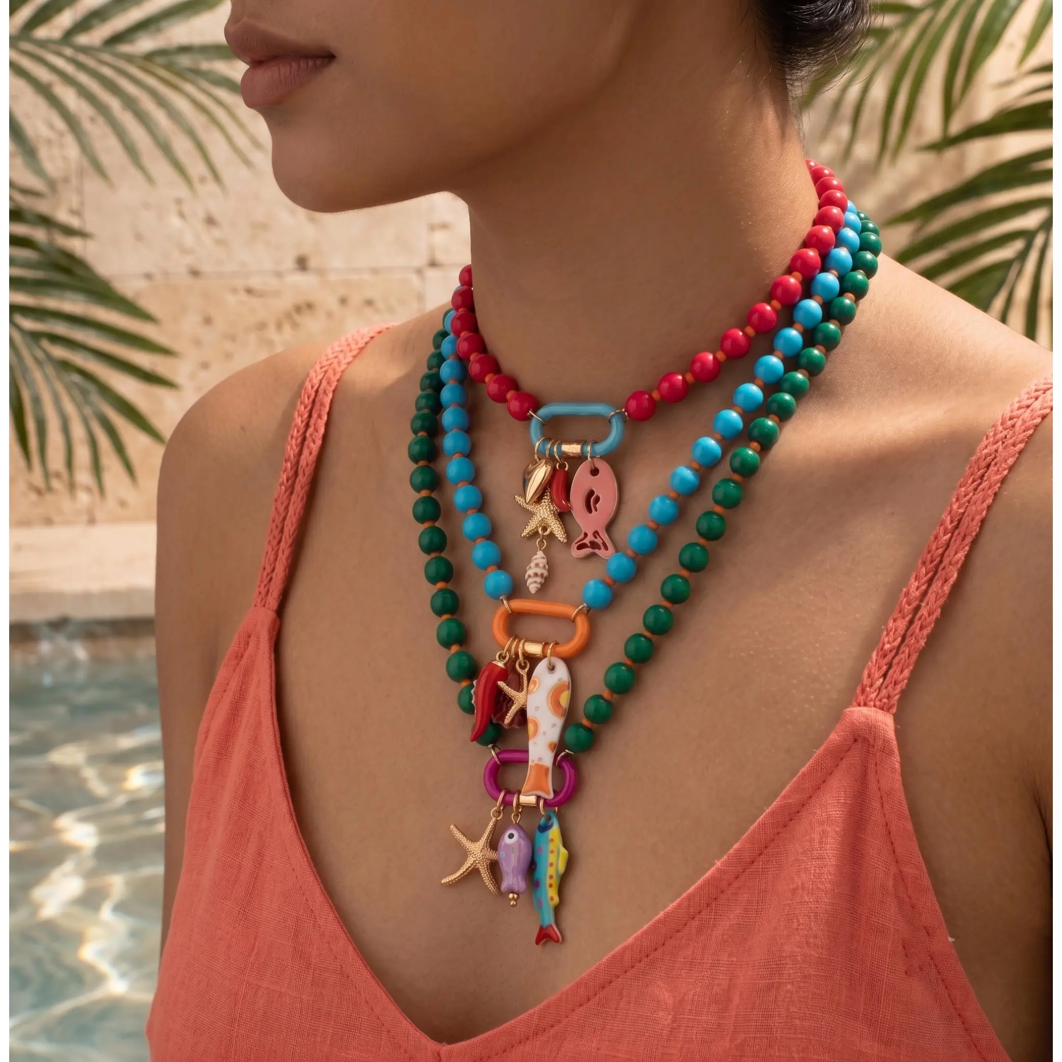 Boho 3 Layered Beaded Necklace Set for Women, Colorful Charm Necklace with Seashell Starfish Pendants, Trendy Summer Jewelry