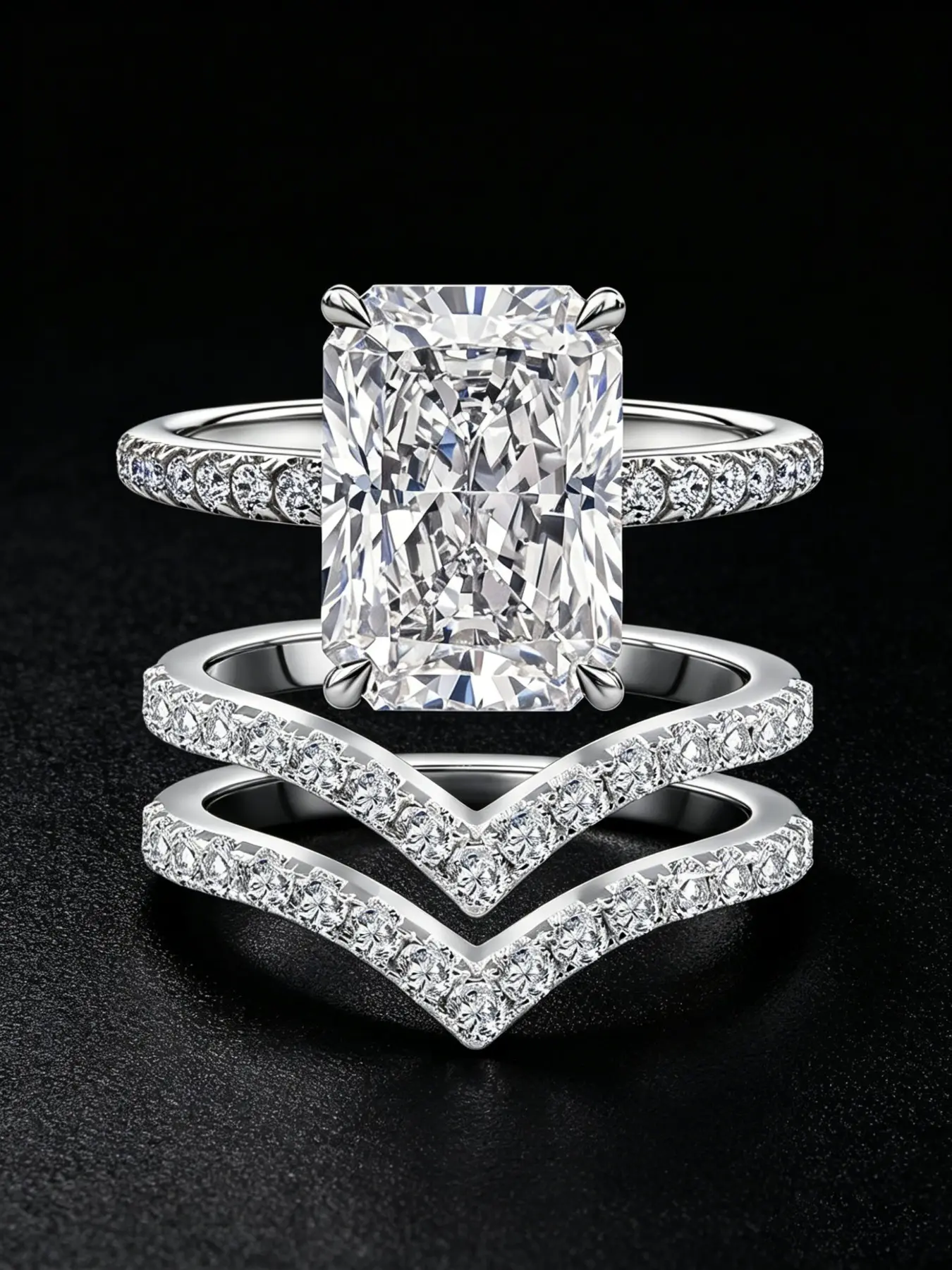 3Pcs Wedding Ring Set Rectangle Emerald Cut Cubic Zirconia Bridal Stackable Rings V Shape Pave Crystal Band Engagement Promise Ring For Women Anniversary Party Gift