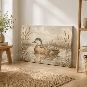 Vintage Mallard Duck in Marsh Horizontal Canvas Wall Art, Neutral Nature Poster, Home Decor for Living Room Bedroom Nursery, Available as Unframed Canvas Poster or Framed Canvas Wrap