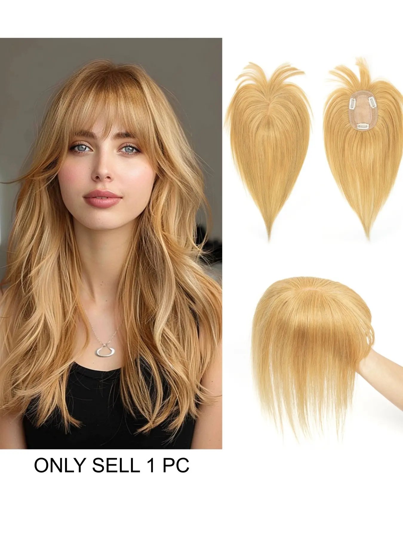 Human Hair Invisible Natural Straight Lace Topper With Bangs, Natural Black Clip In Hair Topper For Thinning Hair, Real Human Hair Clip On Hairpiece To Add Hair Volume For Women