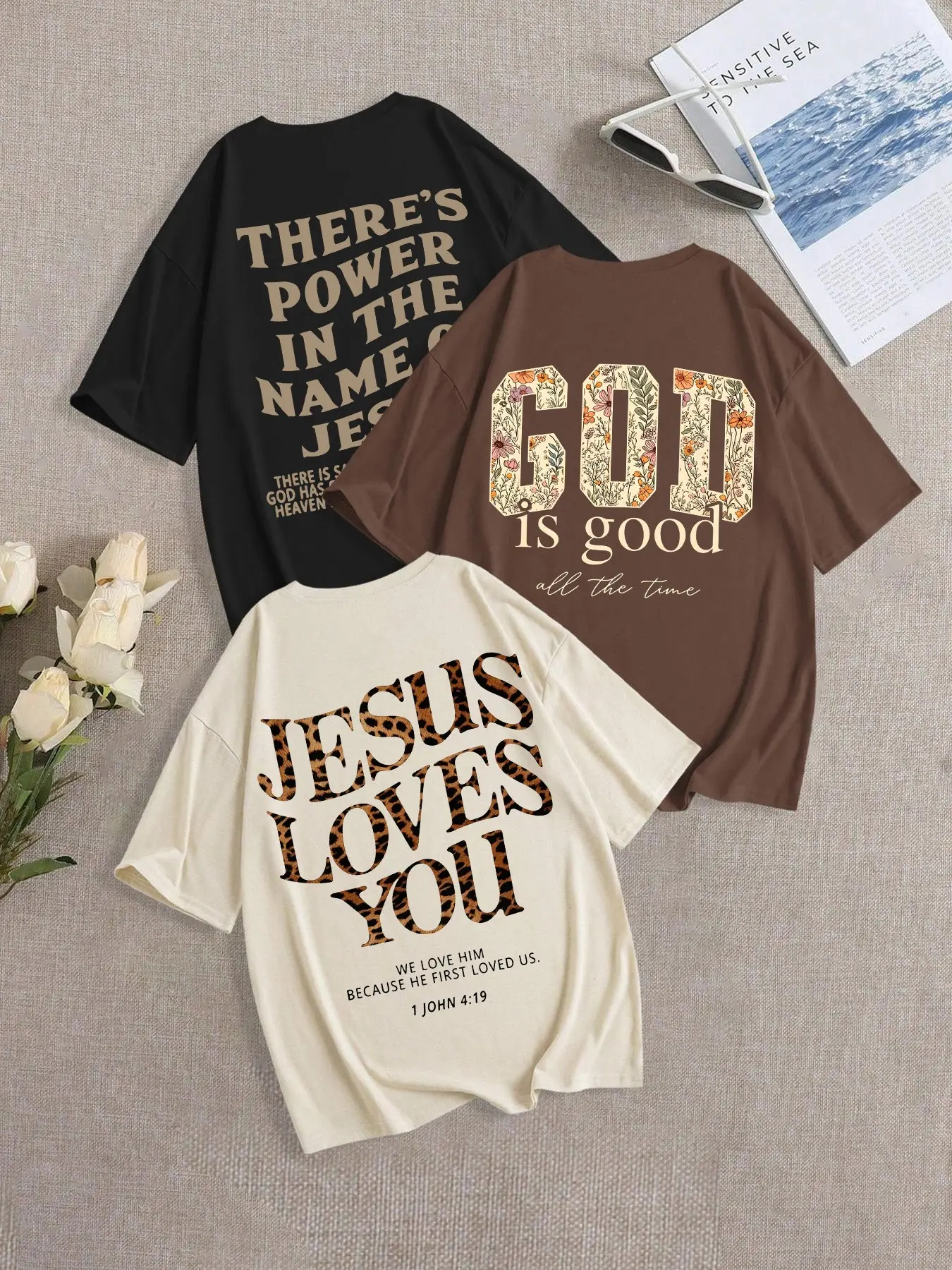 Women's Casual T-Shirts 3-Pack, Faith Theme Tops, Loose-Fit Oversize Round Neck, Comfortable Everyday Wear, Fashionable Versatile Clothing Set, Casual Comfy Clothes