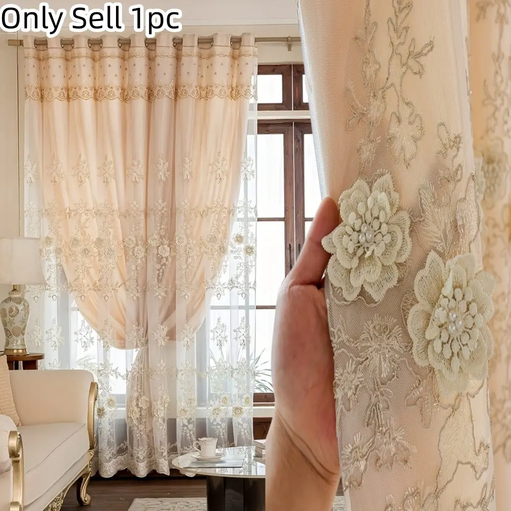 1pc Double Layer Blackout Curtain, Hand Embroidered Floral Pattern, Lightweight Polyester Mesh, Modern European Luxury Design, Embroidered Curtains