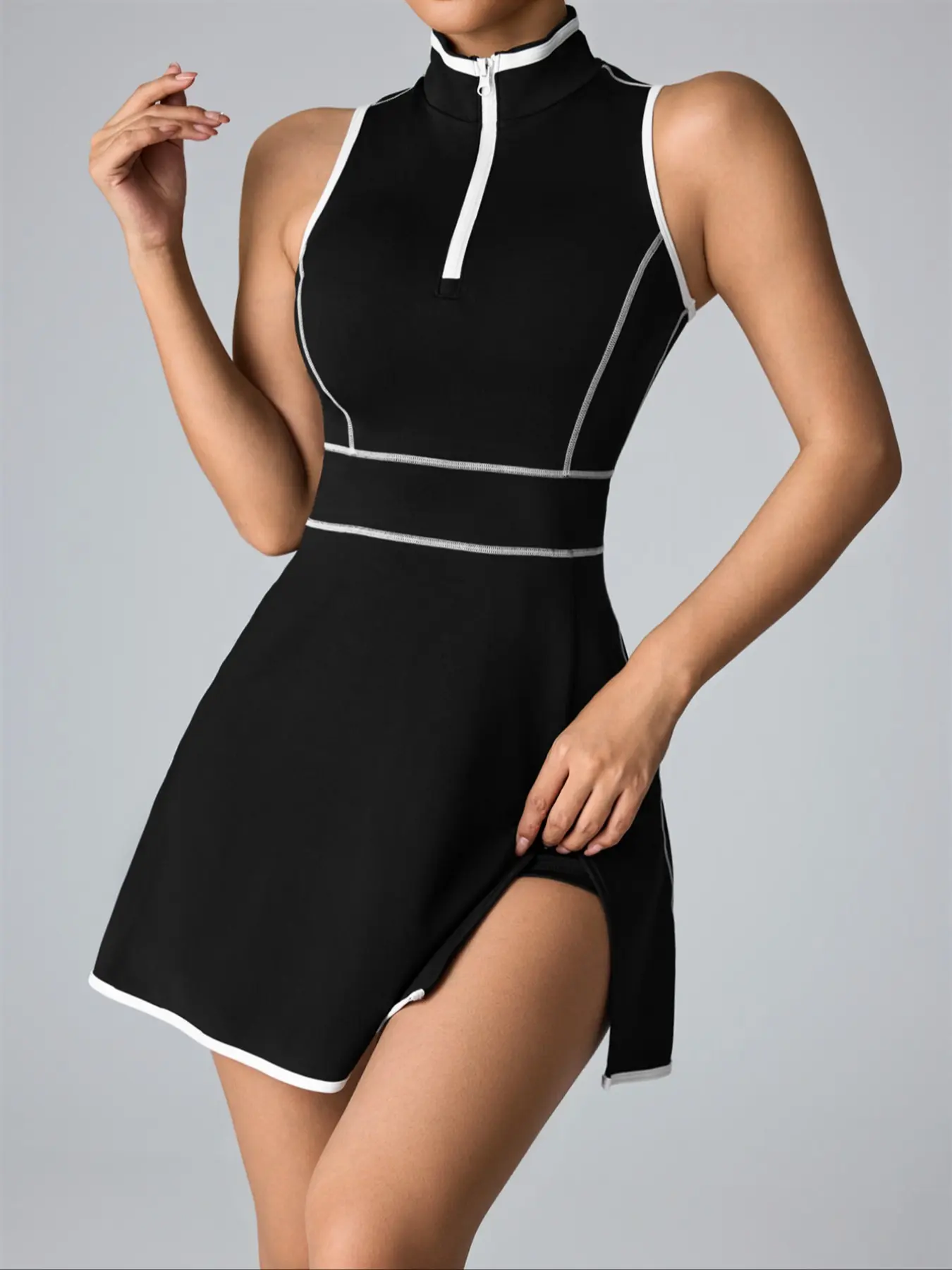 Women's Sporty Yoga Fitness Dress, Slim Fit Sleeveless High Neck Exercise Casual Solid Sports Dress, Active Dresses with Pockets, Comfortable Running Outdoor Wear Athletic Workout Dress