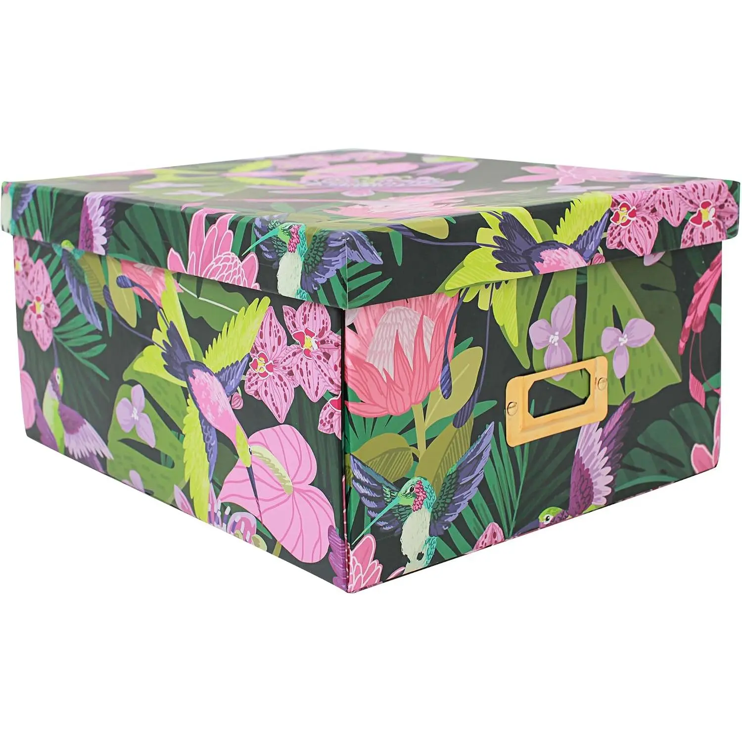 Decorative Storage Box with Lid, Cardboard Paperboard  box, Green, Foldable, Tropical Floral with Hummingbirds, Photo Storage Box for Memory,  Decor,  Organizer