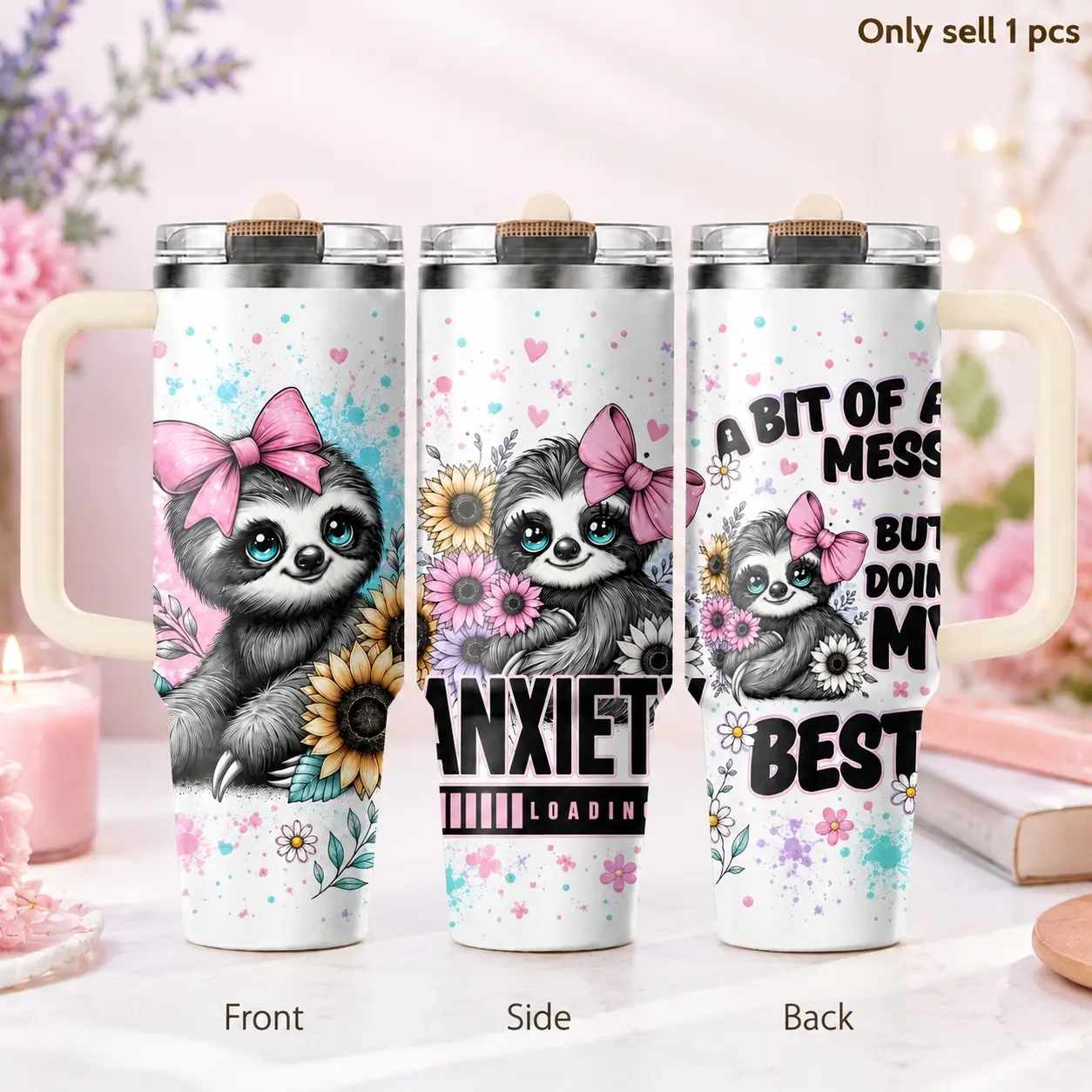 Messy Sloth Funny 40oz Tumbler – Cute Lazy Animal Stainless Steel Travel Mug with Handle & Straw Lid for Coffee, Water, Office, Home, Car Cup Holder, Funny Gift Idea