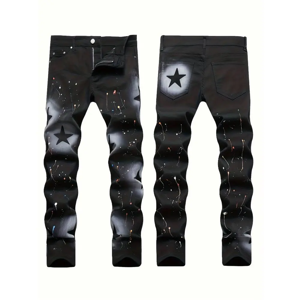 Men's black ink-splashed star jeans, slim-fit street-style daily casual denim trousers