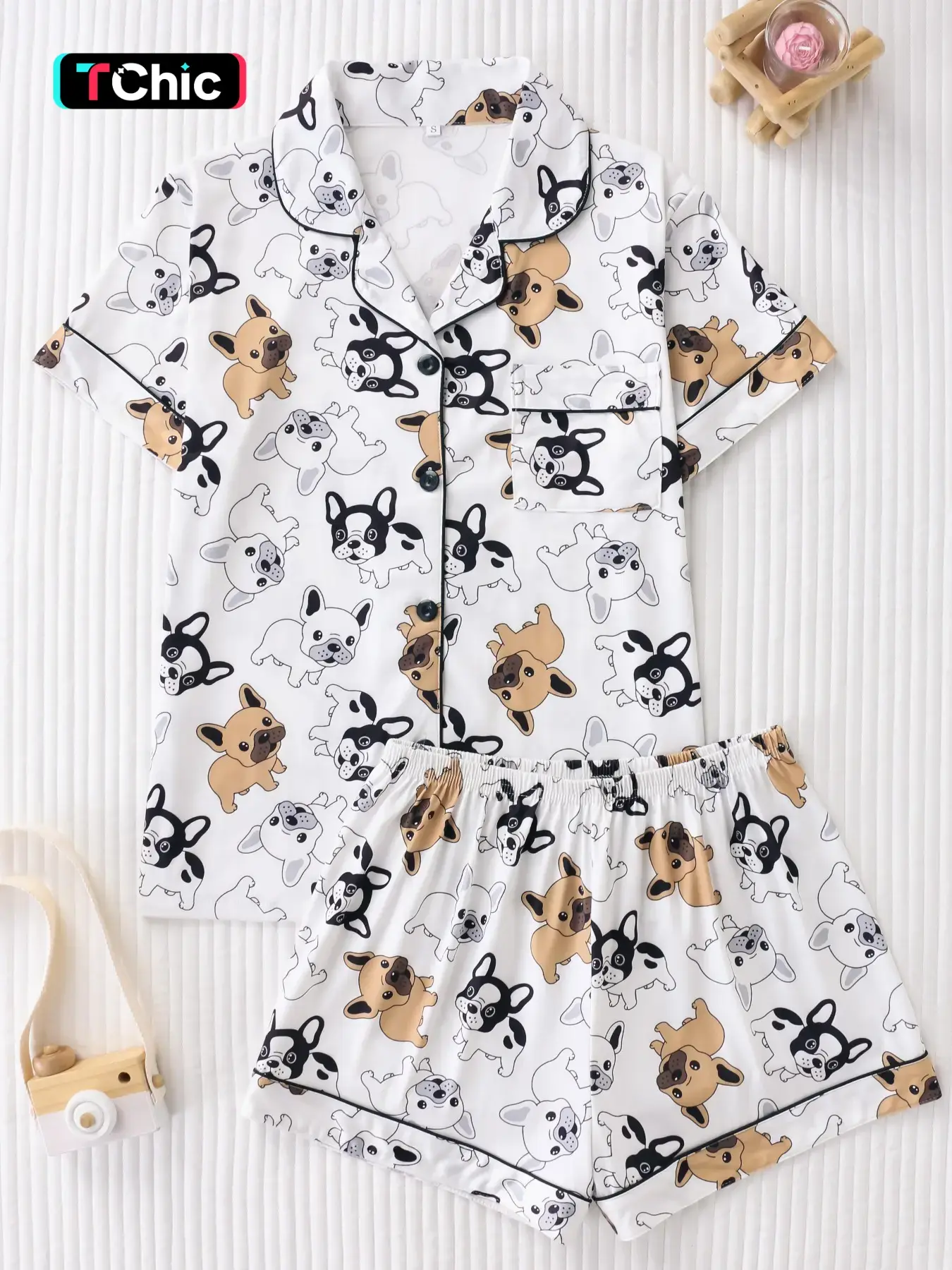 Cute Cartoon French Bulldog Print Two-Piece Women's Sleepwear Set, Pajamas, Button-Up Short Sleeve Top with Relaxed Cozy Shorts for All Seasons