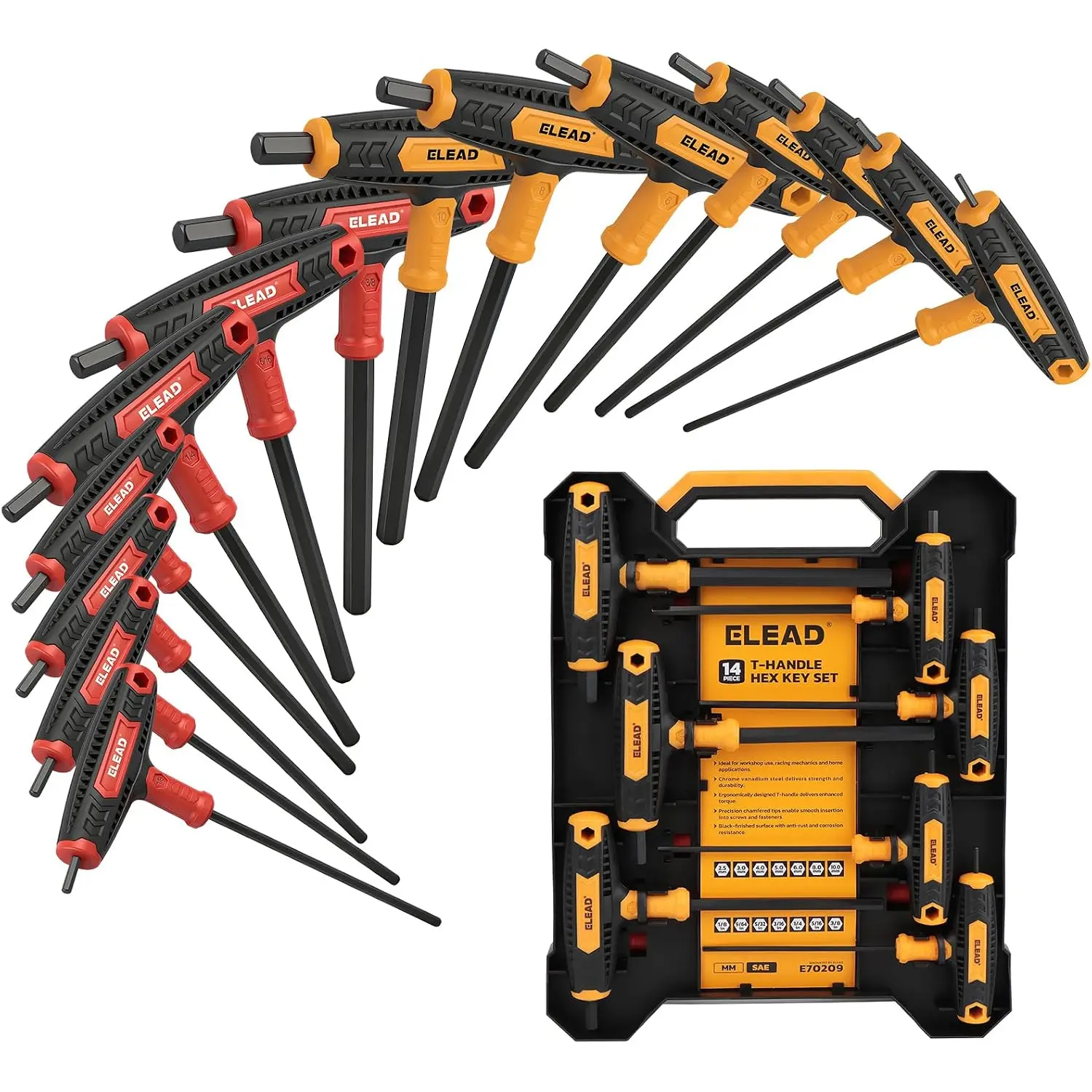 14-Piece T-handle Wrench Set, Metric 2.5mm-10mm & SAE 1/8"-3/8" Hex Key, Long Arm Key Set with Box for Repair and Mechanical Maintenance
