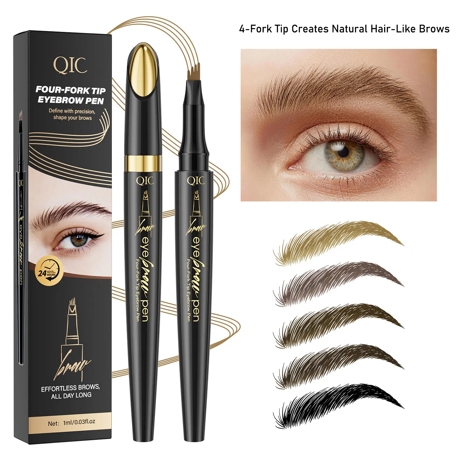 4 Fork Tip Eyebrow Pen Waterproof, Long-Lasting Brow Pencil Natural Hair-Like Strokes, Microblading Eye Brow Pen