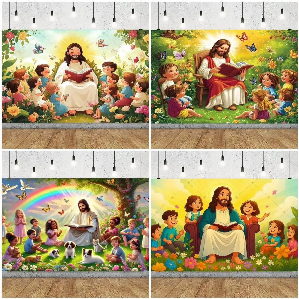 2D Spring Garden Jesus And Children Theme Lightweight Hanging Photo Backdrop Kit, Outdoor Natural Scene Room Teaching Party Supplies Decor Banner