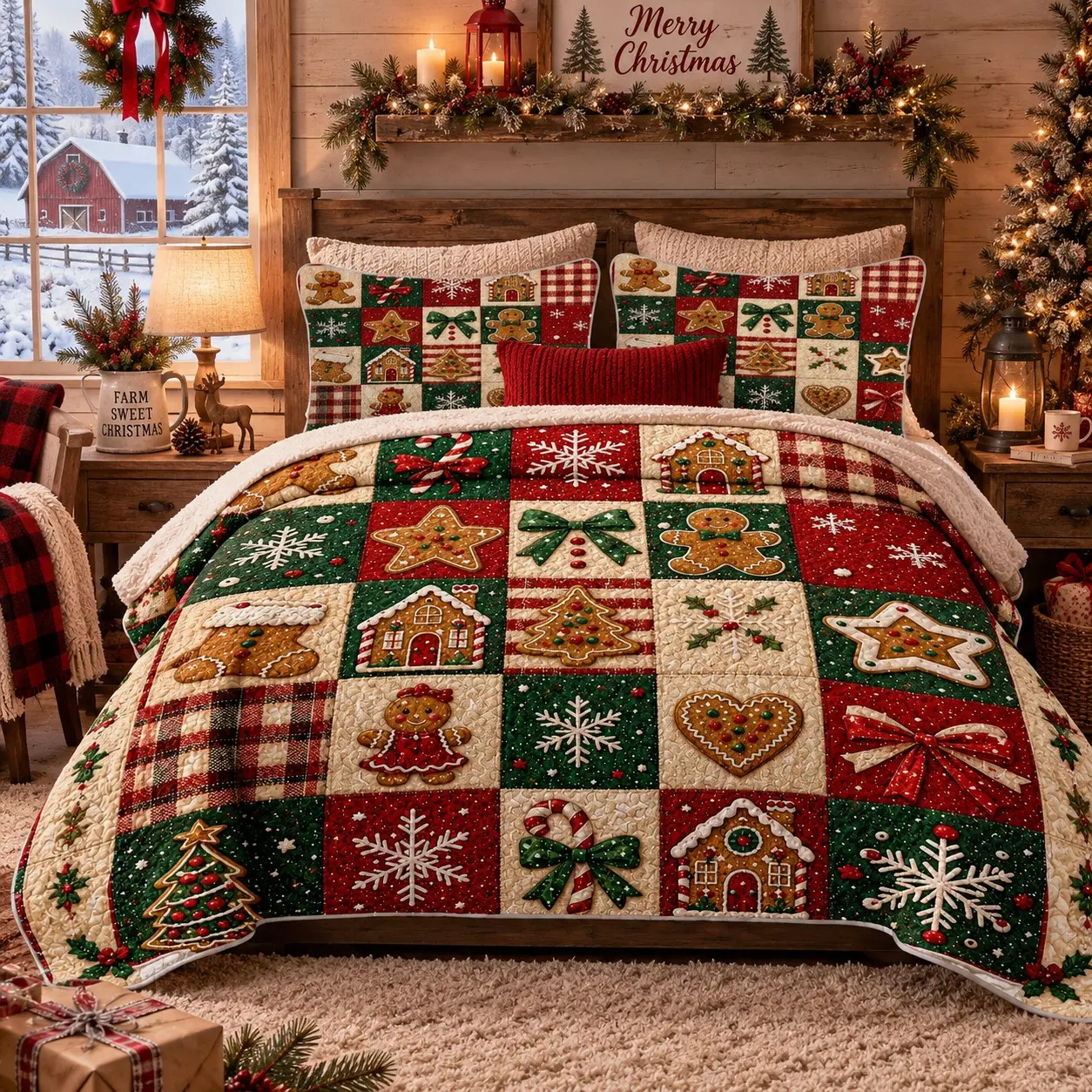 3Pcs Christmas Gingerbread Patchwork Print Quilted Bedspread Set, Candy Cane Snowflake Bow Plaid Coverlet with 1 Bedspread & 2 Pillow Shams, Lightweight Soft Breathable Fade Resistant Bedding, All Season, Queen/King Size, Holiday Bedroom Decor, Quilt Sets