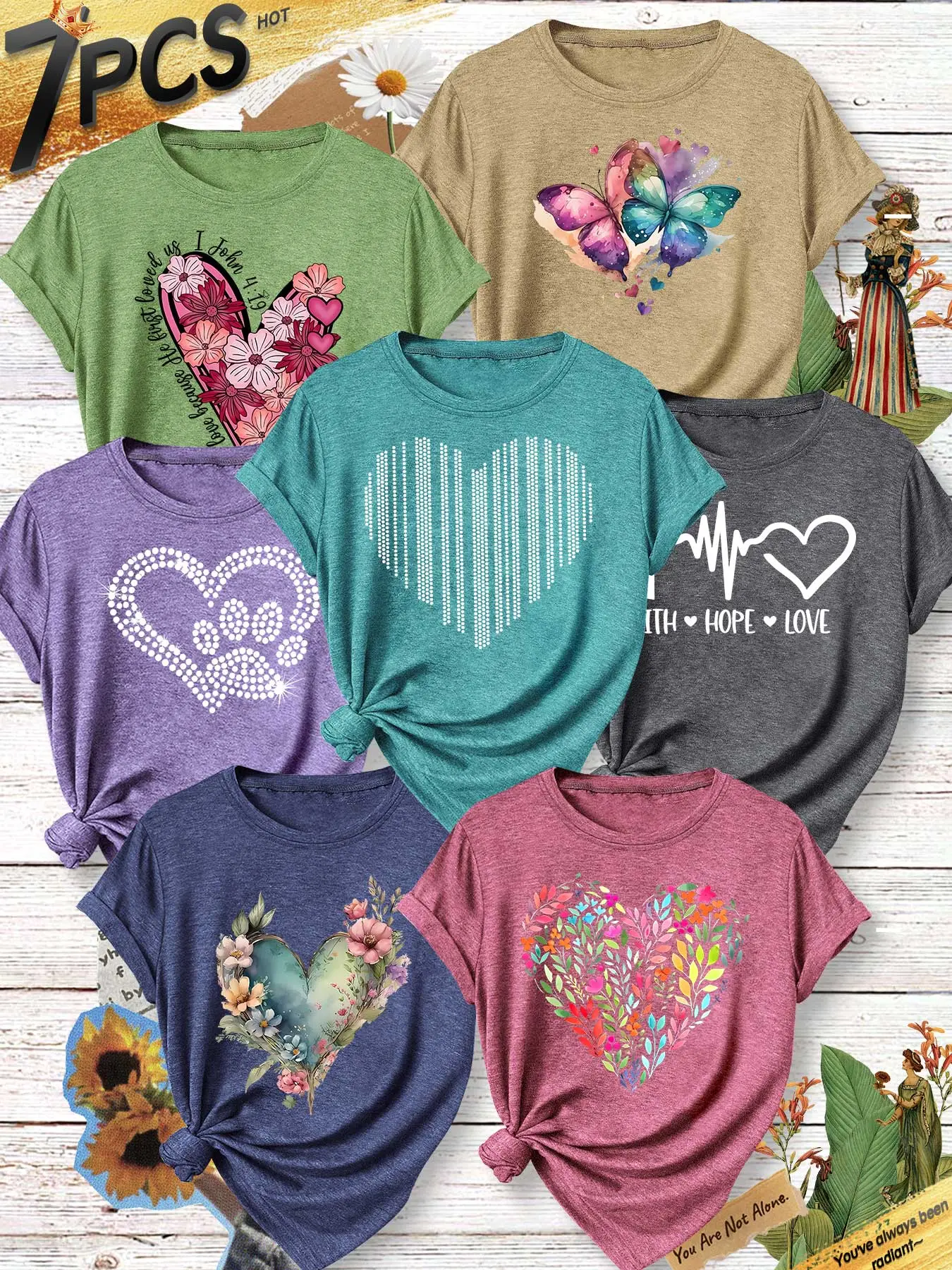 7Pcs Women Crew Neck T-shirt, ECG Faith Hope Love Watercolor Butterfly Floral Vertical Line Heart Art Print, Stylish Washable Daily Women Short Sleeve Top
