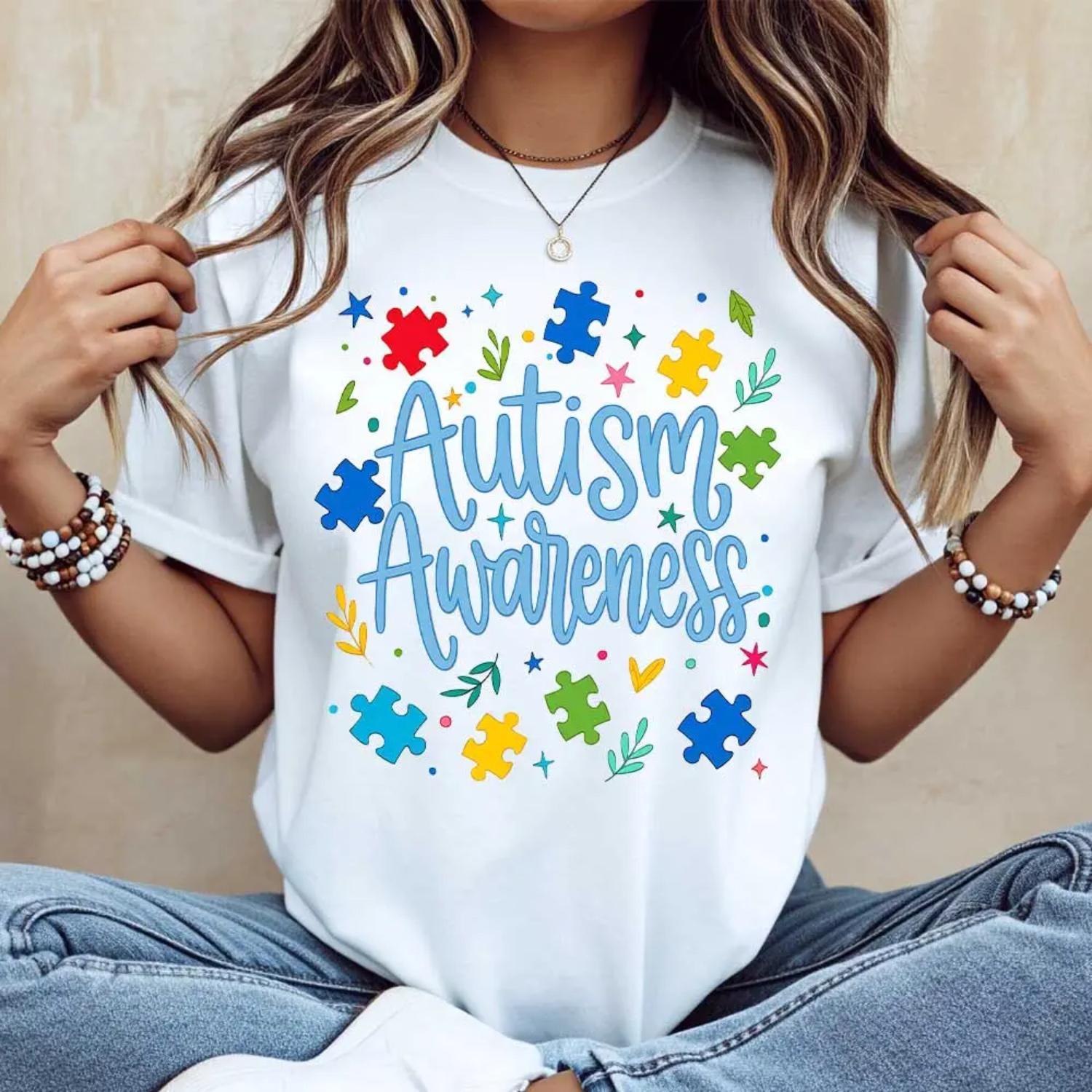 Autism Awareness Puzzle Piece and Star Design Casual White Crewneck T Shirt for Support Events and Daily Wear