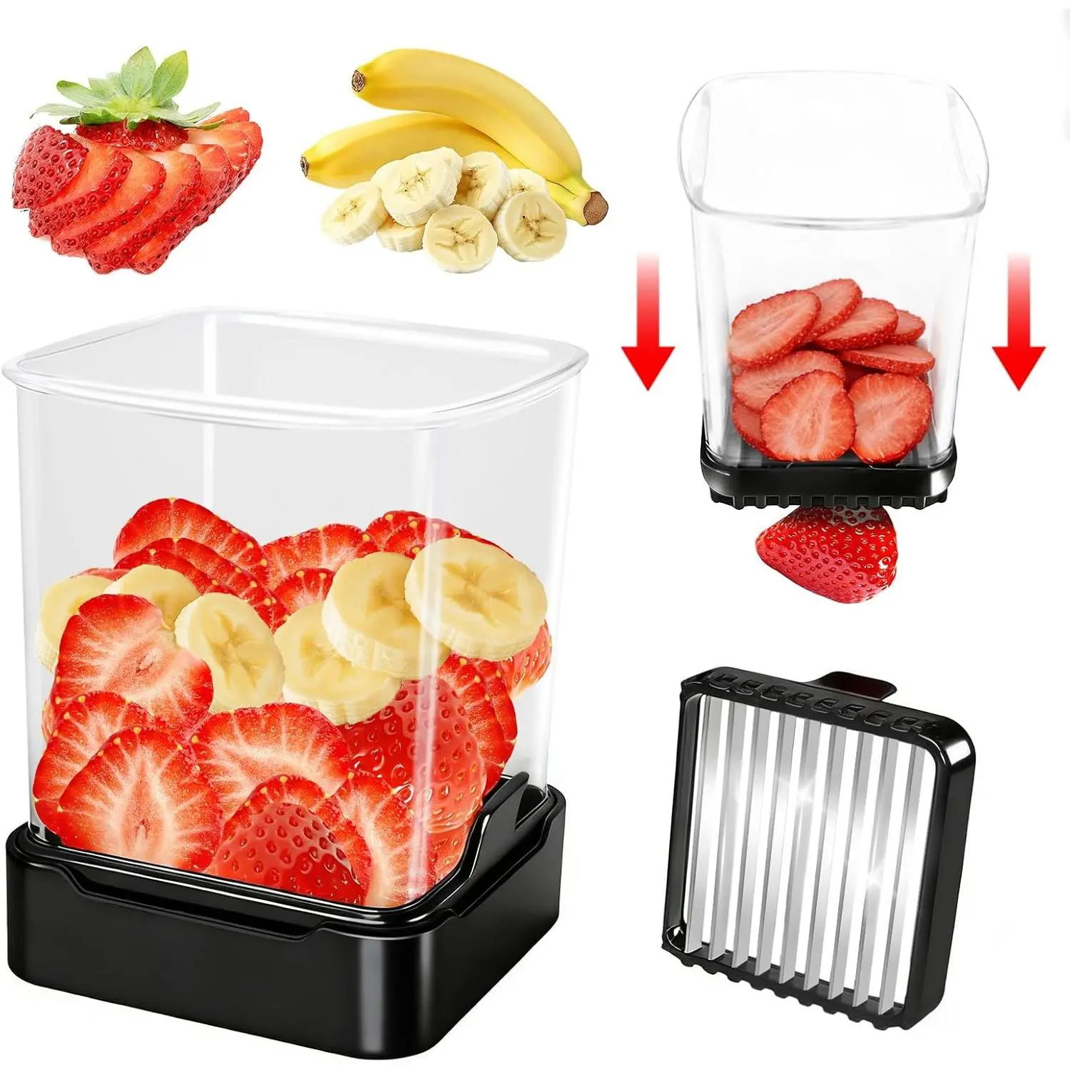 Fruit Slicer Cup for Strawberry, Banana, Hard-Boiled Egg - Detachable Cutter with Push Plate - 304 Stainless Steel Blade - Rapid & Safe Slicing Kitchen Gadget for Quick Meal Prep (Black)