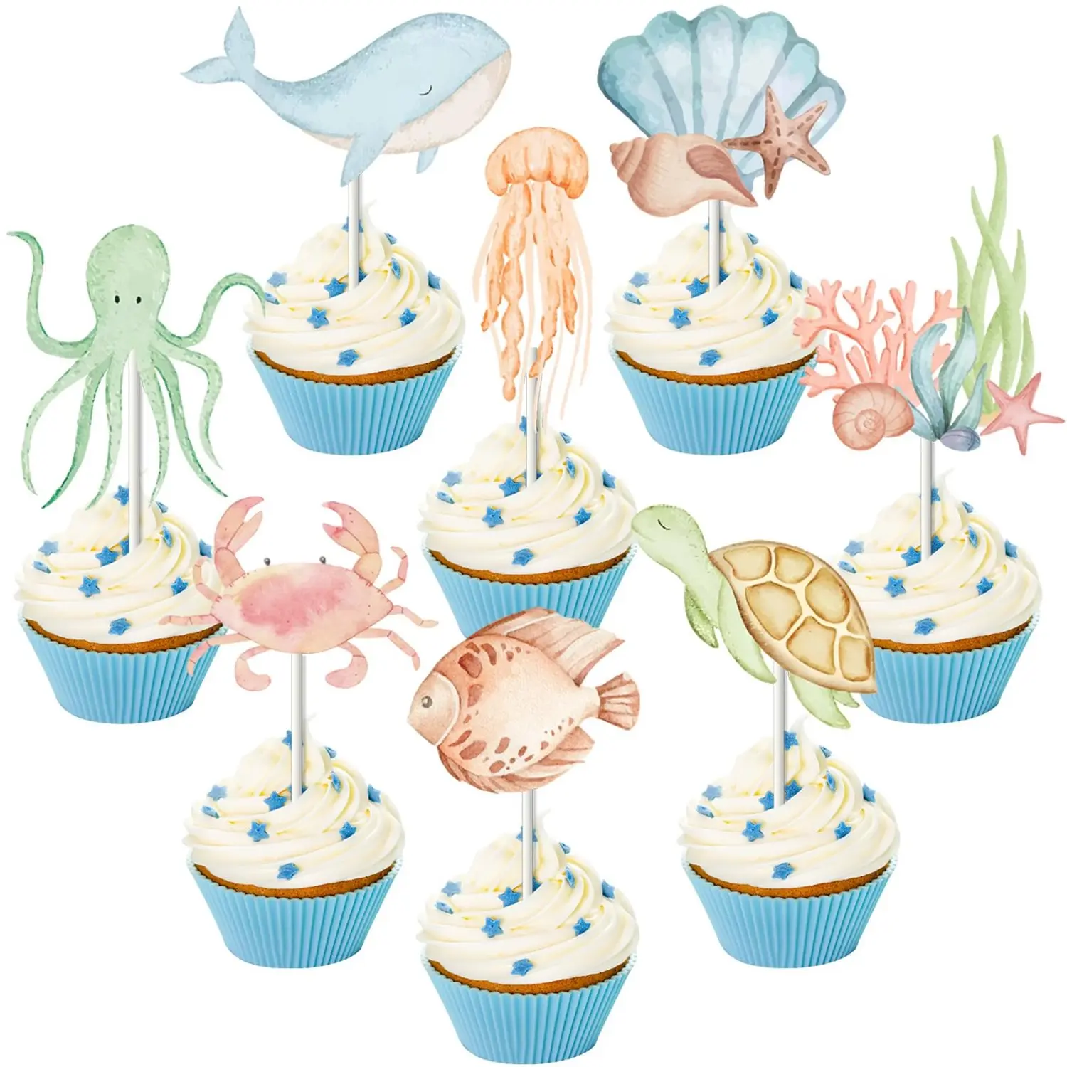 1Set Under The Sea Cupcake Toppers Birthday Cake Decorations Ocean Animal Theme Cupcake Picks Ocean Creature Whale Turtle Octopus Fish Cupcake Birthday Baby Shower Party Supplies