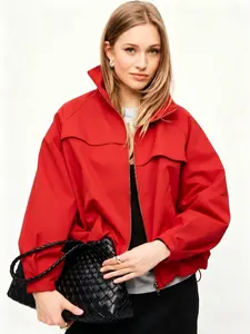 Stand Collar Zipper Short Windbreaker Jacket, Shoulder Pockets, Drawstring Hem, Loose Fit, Casual Outerwear for Spring & Fall