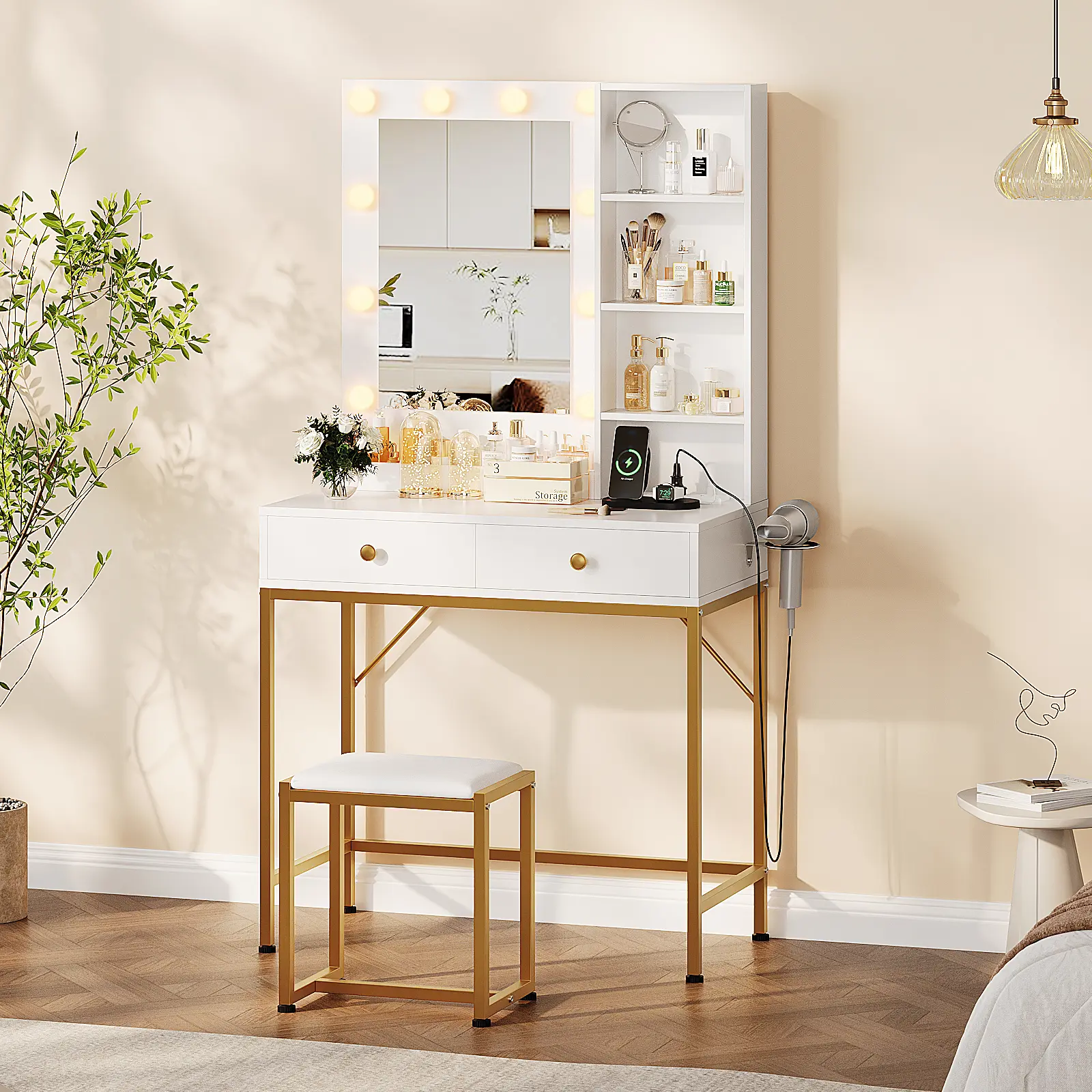 Vanity Desk with Mirror and Lights,Vanity Desk Set with Dimmable 3-Color LED Mirror, BP Board 2 Drawer Embedded Dressing Table with Hair Dryer Holder & Matching Stool for Bedroom,White/Gold