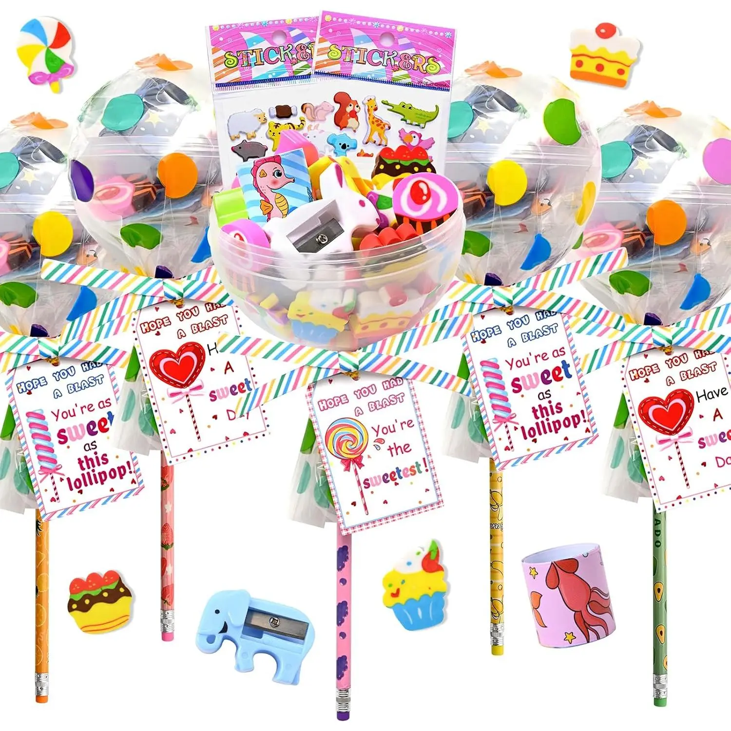 Giant  Goodie Bags for Birthday Party | 24 Pack Return Gifts with Pencils, Stickers, Erasers Stationery Set for Classroom Rewards Students Prizes School Party