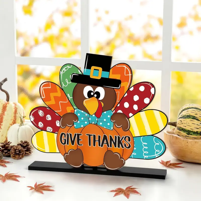 Thanksgiving Turkey Wooden Tabletop Sign, Colorful Pattern Feather Give Thanks Turkey Pumpkin Table Centerpiece Decor, Farmhouse Rustic Wooden Tiered Tray Ornament for Fall Harvest Kitchen Mantel Dining Table Party Decorations