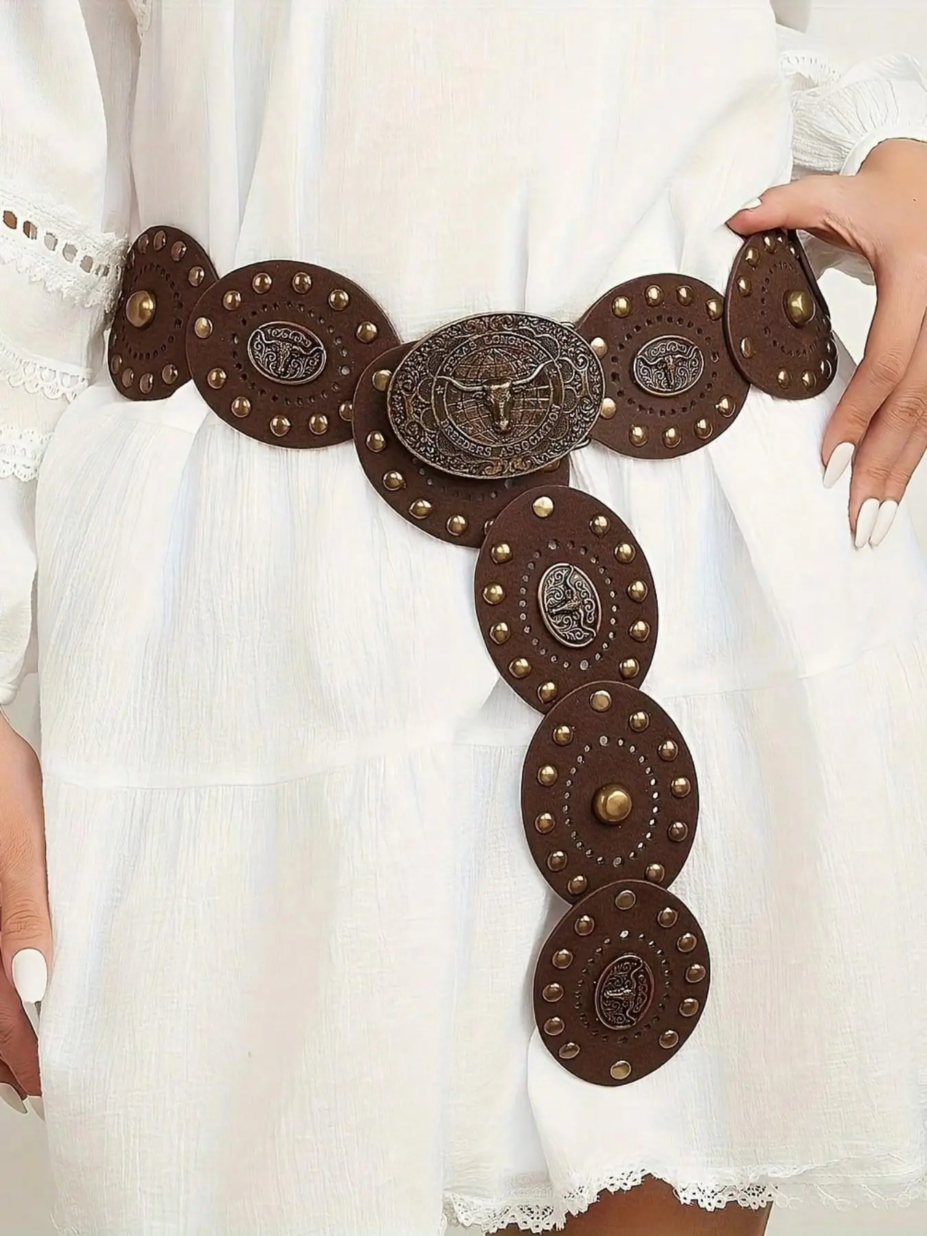Y2K Boho Vintage PU Belt, Cowgirl Boho Belt with Metal Buckle, Cowboy Style, Western Concho Belts, Perfect for Dresses and Jeans, Fashion Belts for All Seasons