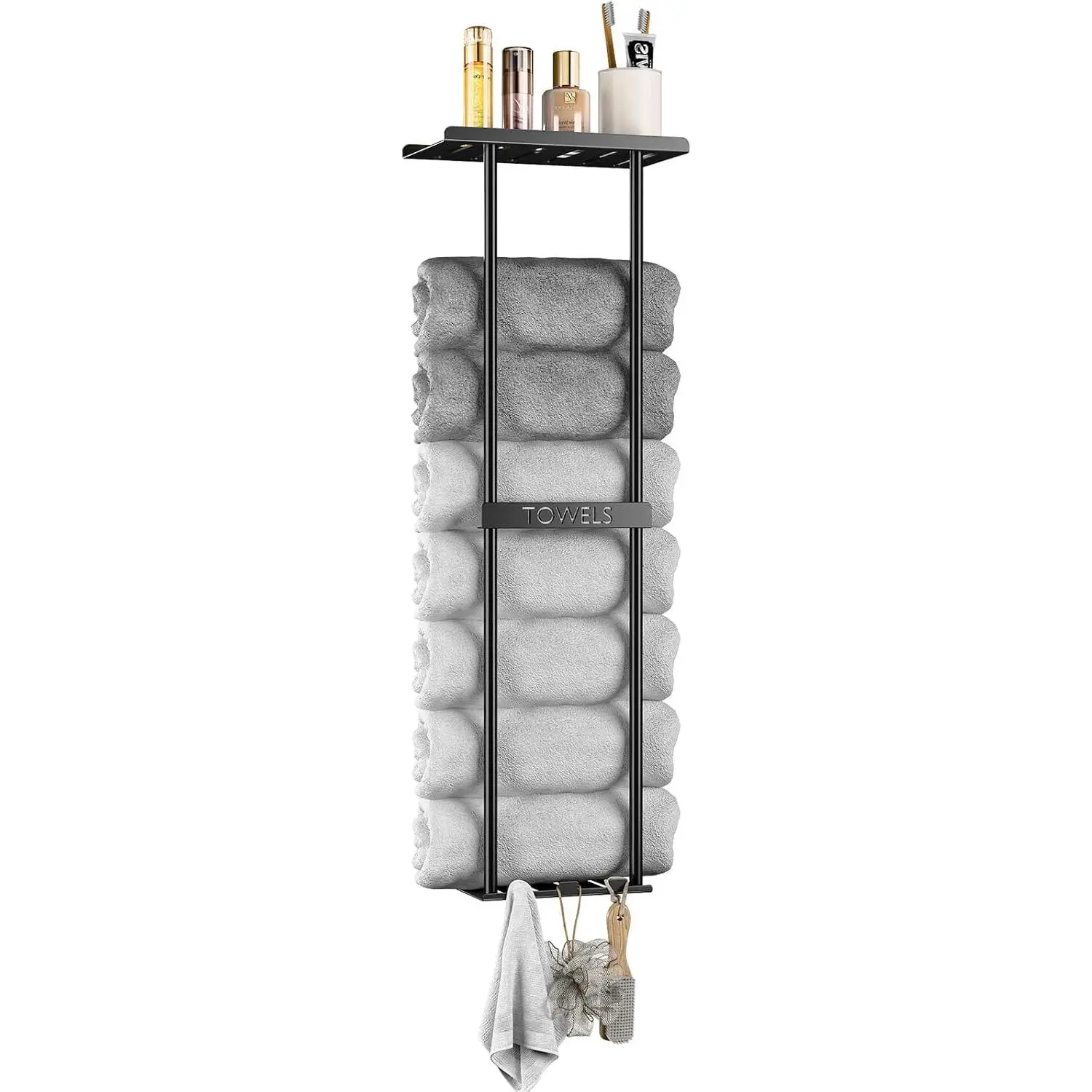 2-Tier Wall-Mounted Towel Rack with Hooks & Shelf, Black Metal Towel Holder for Small Bathrooms (Standard Version)