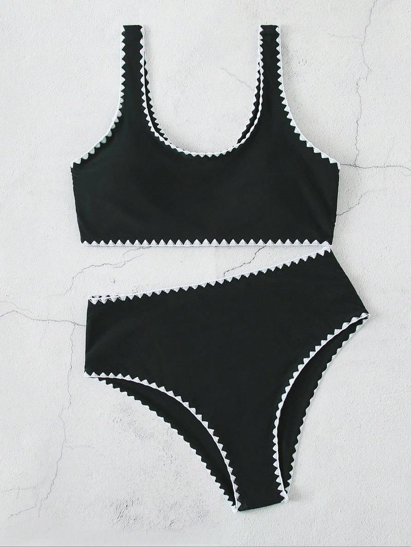 Women's Contrast Binding Bikinis Set, Solid Color U Neck Bikini Top & Swim Thong Swimwear Set, Bathing Suits 2026 for Women, Summer Swimsuit Sets, Ladies Summer Swimsuit for Beach Holiday