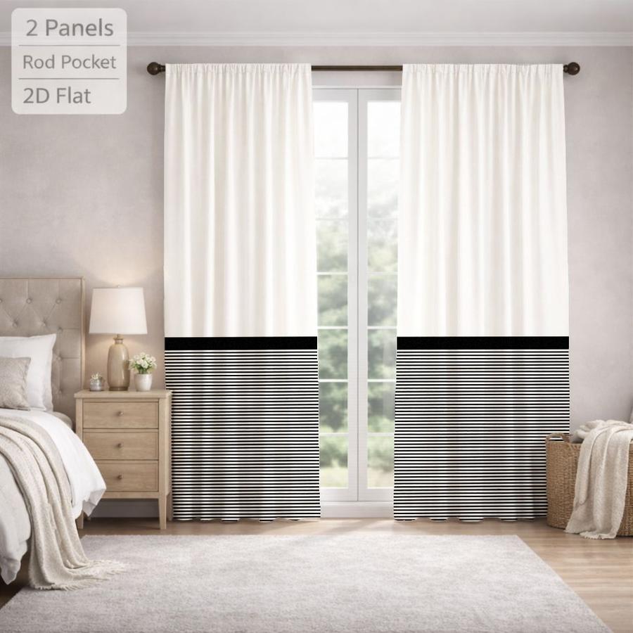 2Pcs Modern Minimalist Horizontal Stripes Black And White Sun Blocking Curtains Digital Printed Rod Pocket, Window Treatment For Bedroom Office Kitchen Living Room Study Home Decor