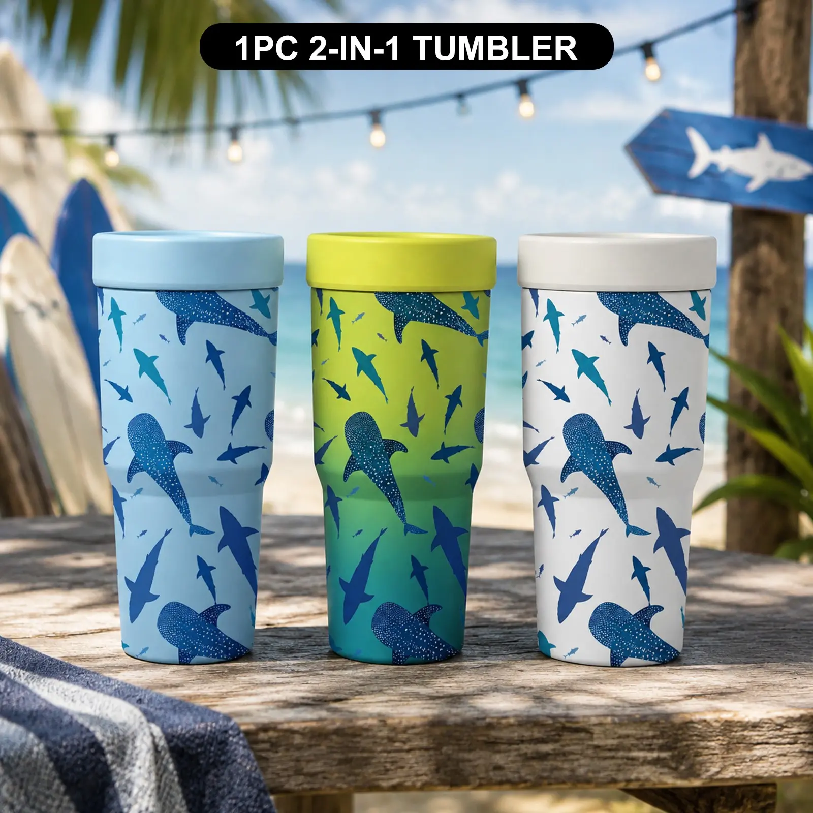 1PC 2-IN-1 Tumbler with Ocean Shark Whale Print, Cute Sea Animal Insulated Cup, Double Wall Vacuum Stainless Steel Travel Mug, Leakproof Coffee Cup, Cold Drink Tumbler for Beach, Summer, Office, School, Daily Use Gift